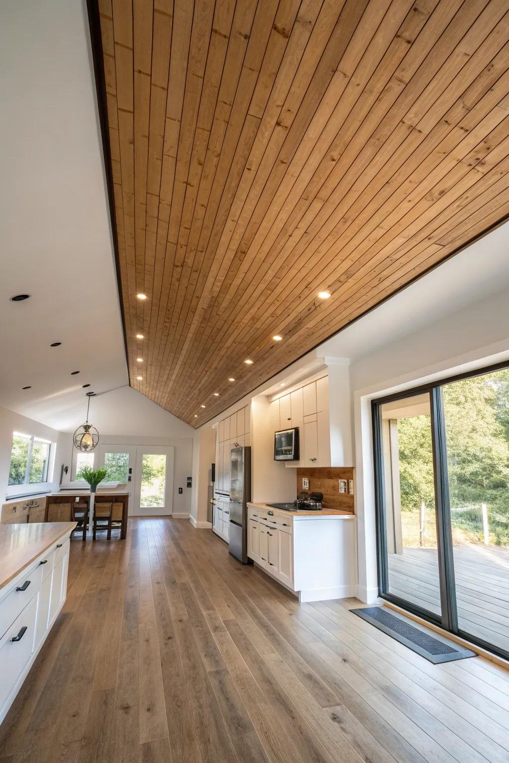 A seamless wood ceiling strip that visually stitches kitchen and living into one warm space.