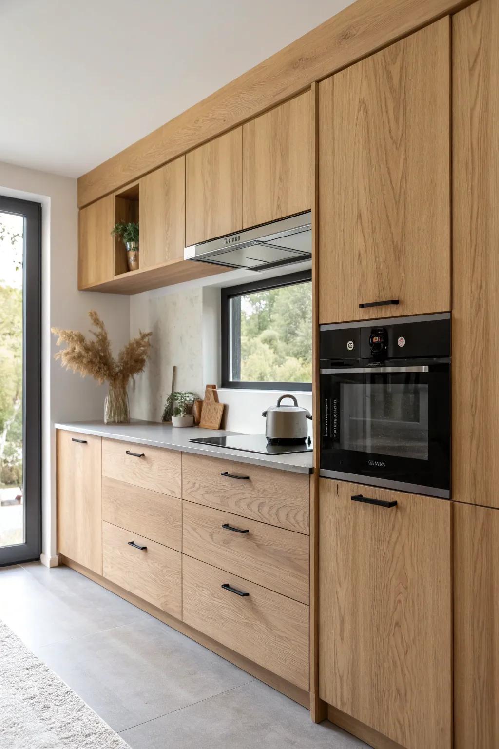 Hidden pocket doors slide away to conceal the microwave—sleek, airy, and beautifully crafted.