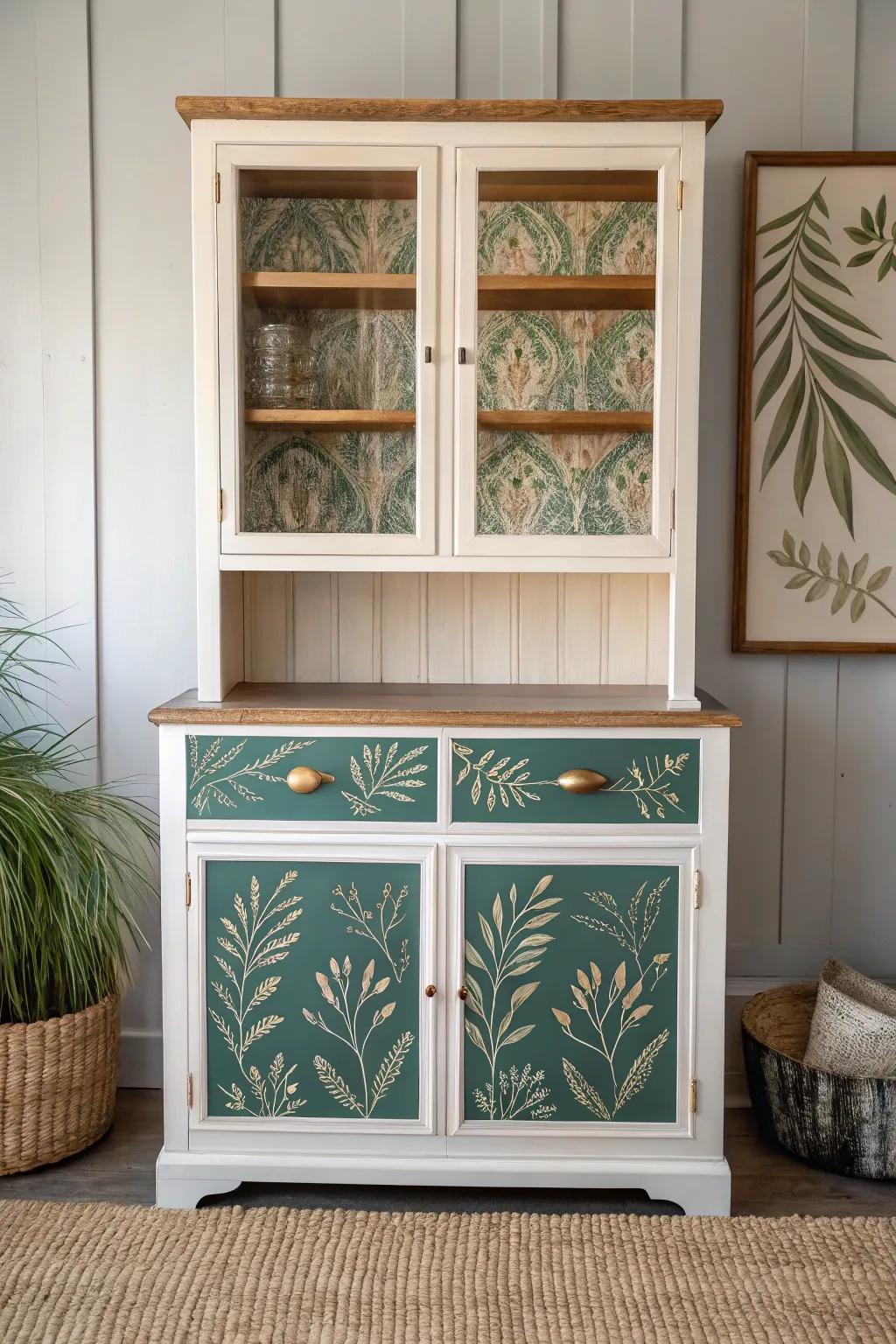 Hand-painted botanical mural inside a painted buffet hutch—simple brushwork, heirloom charm.