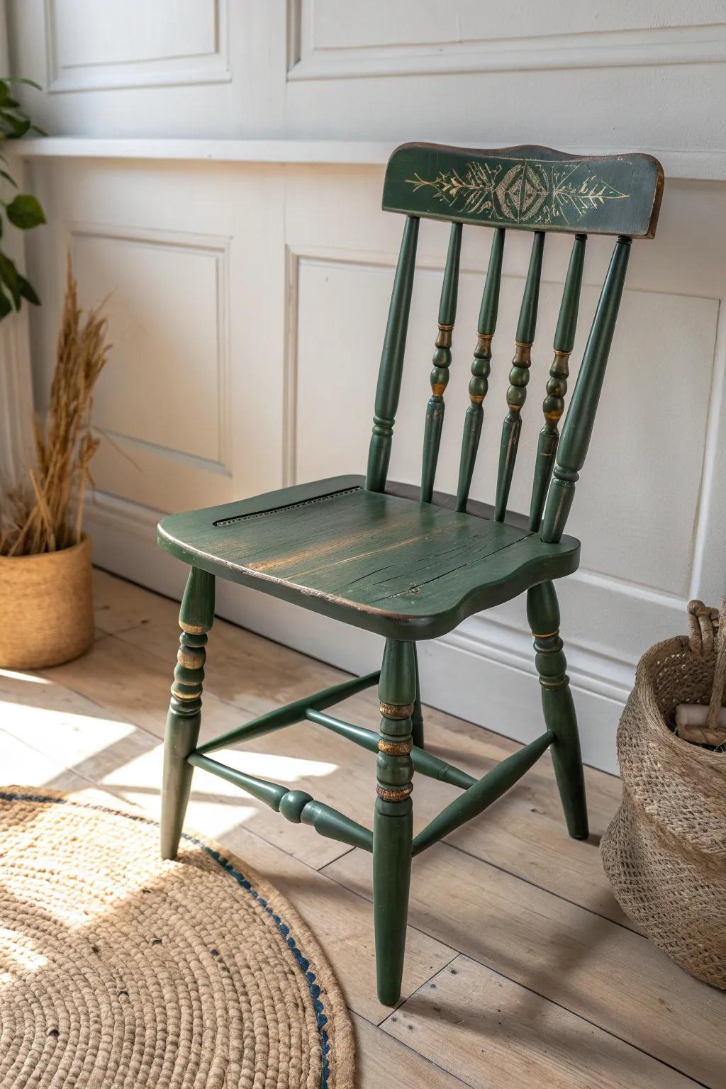 Bold base color + soft dry-brushed highlights give this spindle chair a found, dimensional glow.