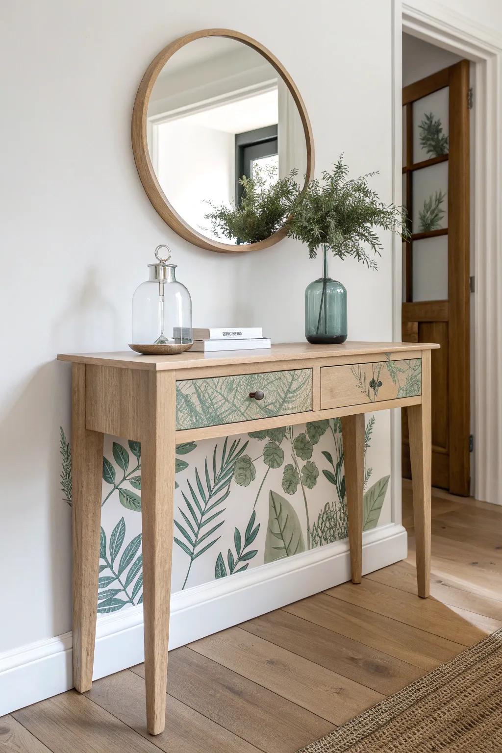 Hand-painted leafy panel turns a simple console table into a fresh, entryway-ready focal point.