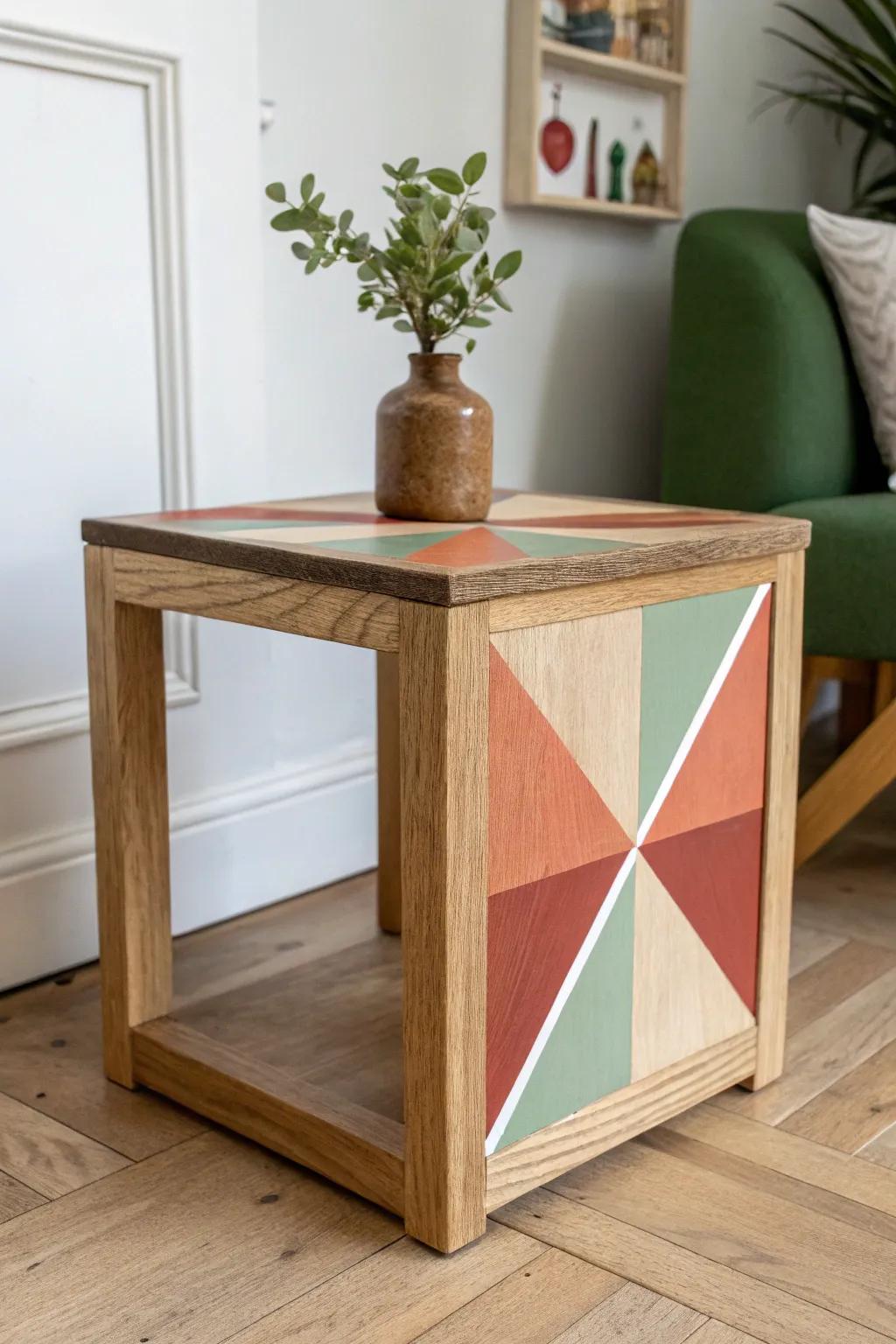 Bold color‑blocked triangles and arches turn a simple end table into modern art.