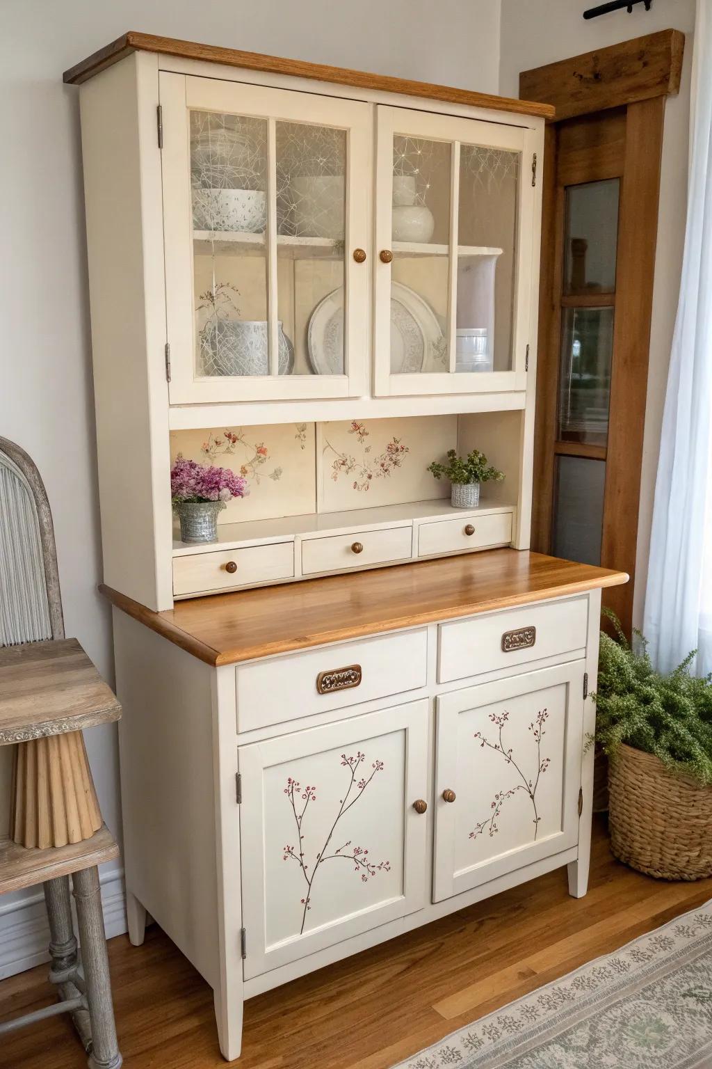 Hand-painted florals on Hoosier cabinet glass—soft vintage charm in a clean, modern kitchen.