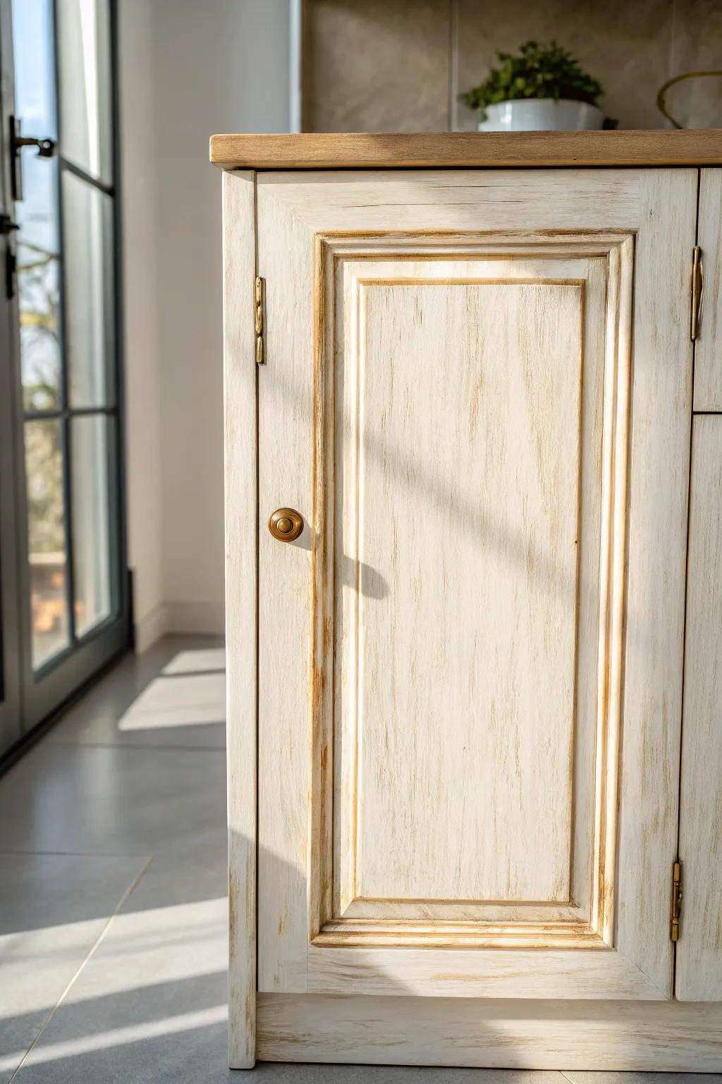 Softly distressed paint reveals warm wood edges for timeless cabinet charm in a calm kitchen.
