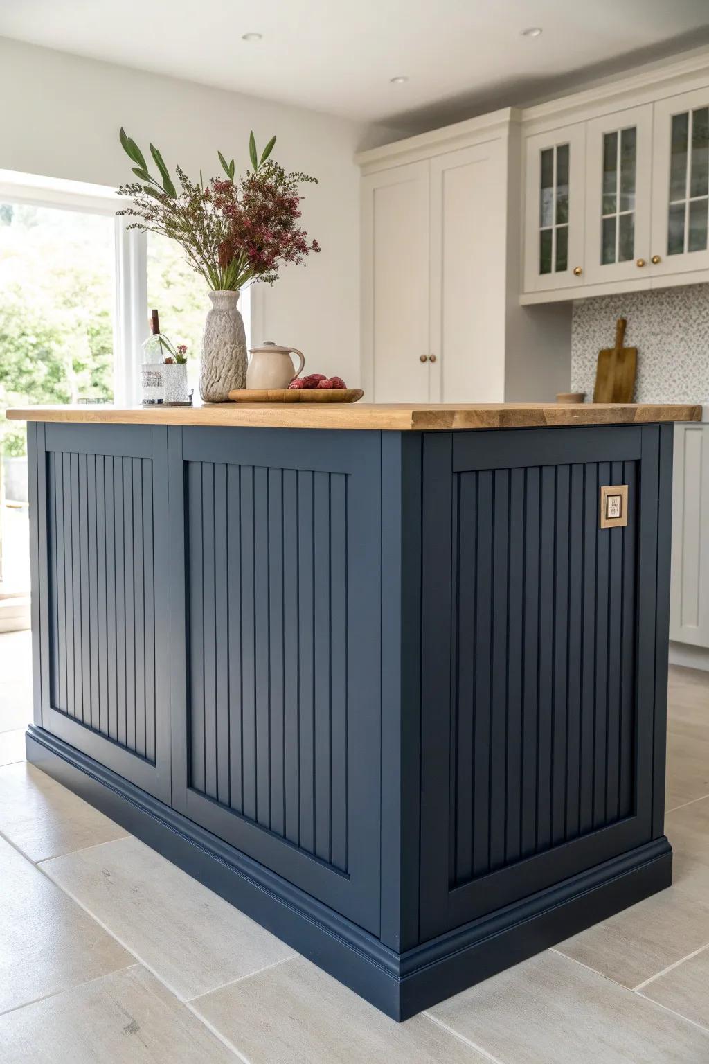 Navy beadboard-wrapped island adds soft texture and modern contrast in a calm kitchen.