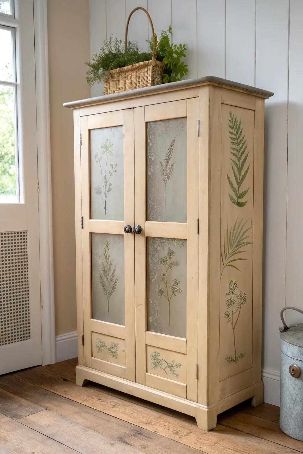 Soft neutral pie safe with botanical shadow prints and gleaming tin panels—minimal, artsy, timeless.