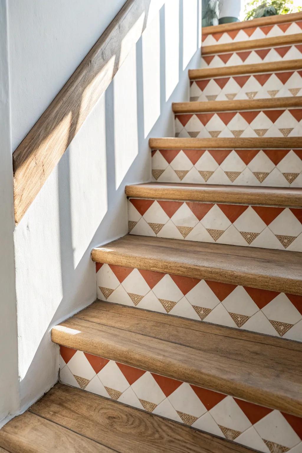 Painted faux-tile stair risers: old-world charm with modern Scandinavian simplicity.