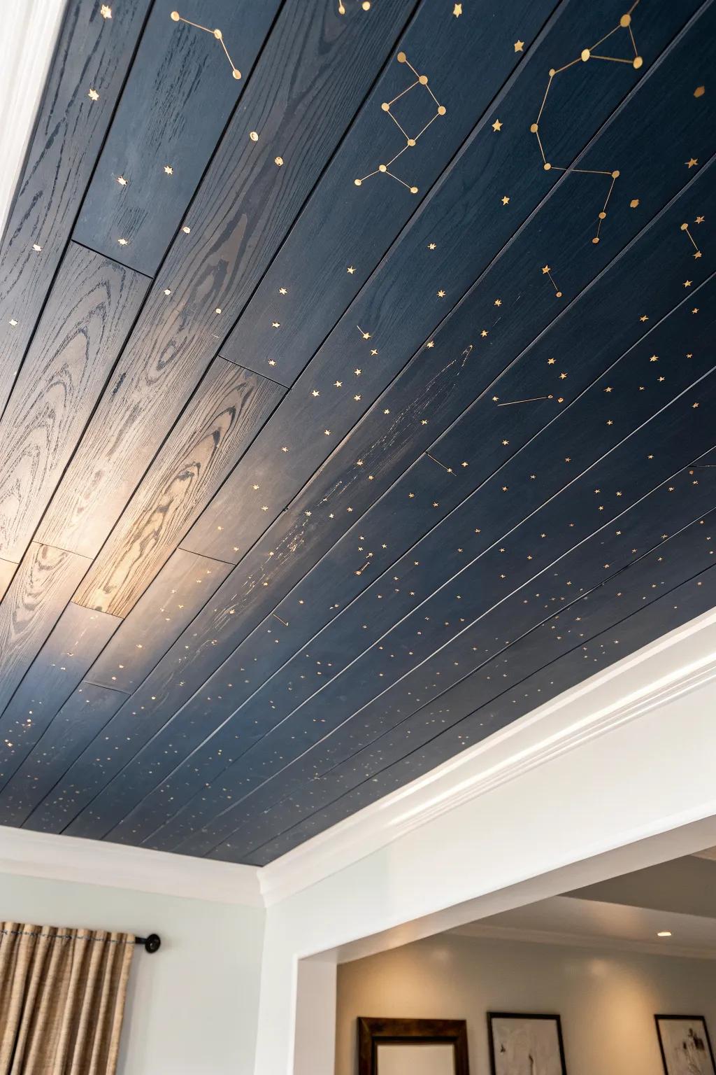 Midnight-painted plank ceiling with delicate constellations—your cozy reading nook’s secret sky.