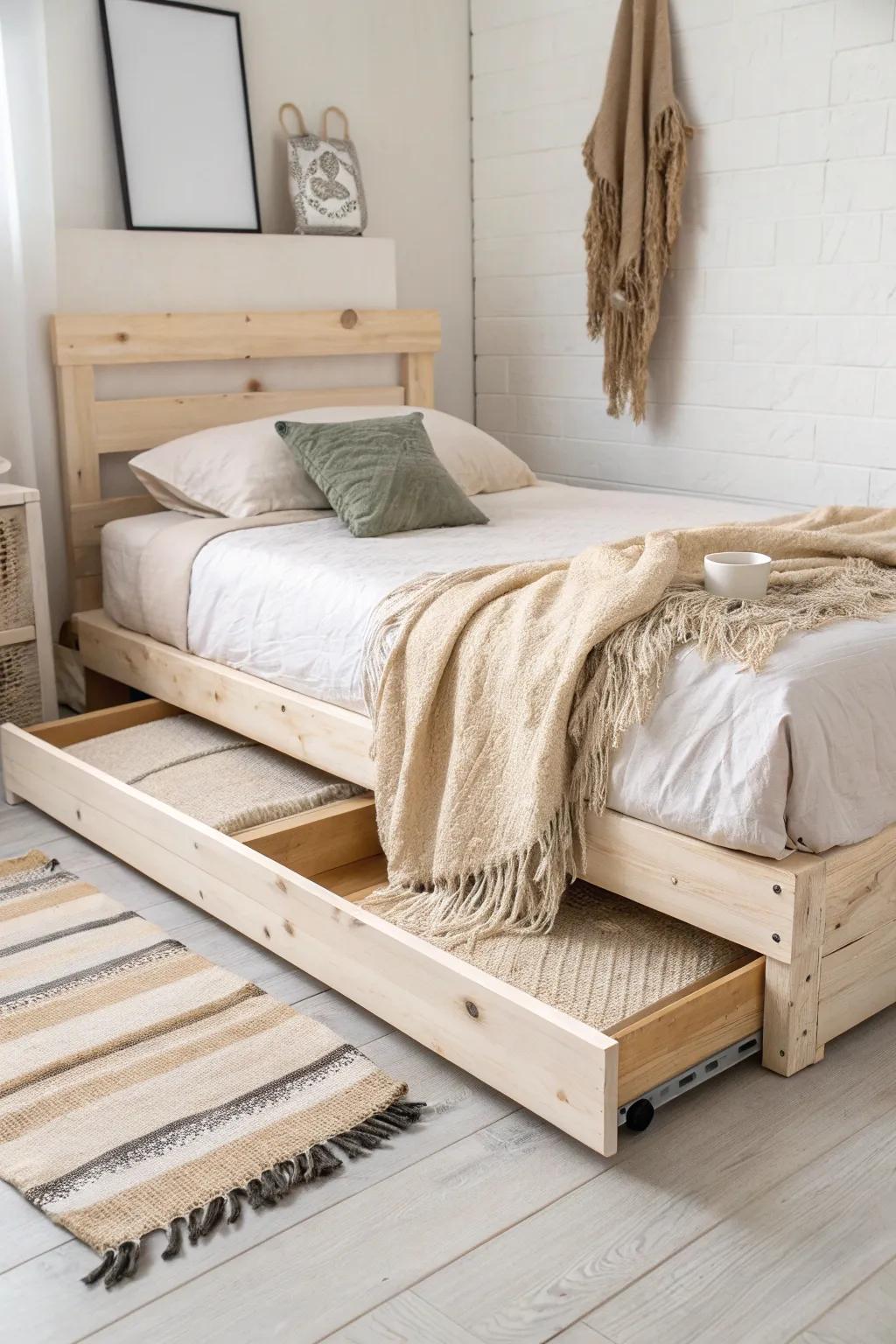 A sleek pallet bed with a hidden pull-out trundle—extra sleeping space, totally invisible by day.