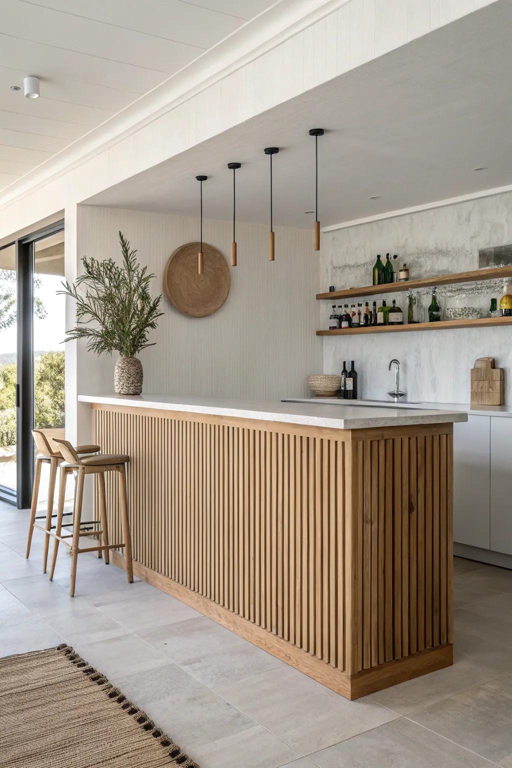 Light oak slat paneling turns a basement wet bar into a warm, intentional destination.
