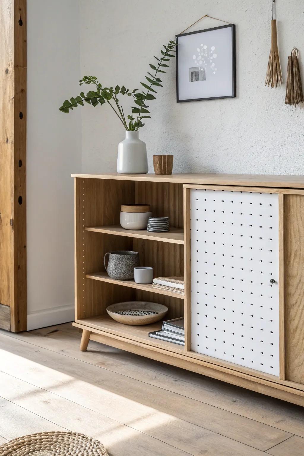 A sliding pegboard cabinet front that hides tools in style—clean wall when you want it.