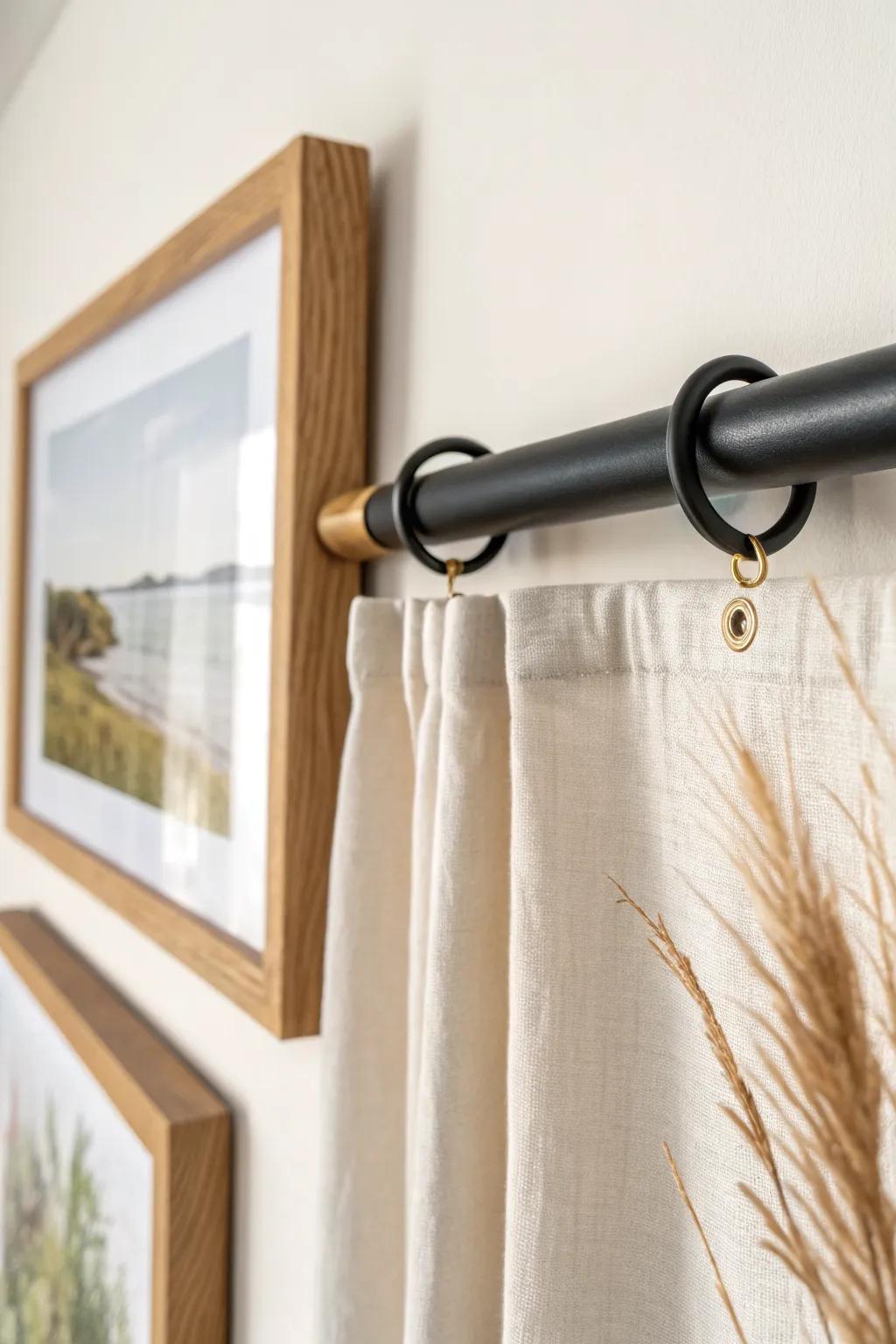 Curtain-rod clip display: swap and rearrange framed prints in seconds—minimal, warm, and airy.