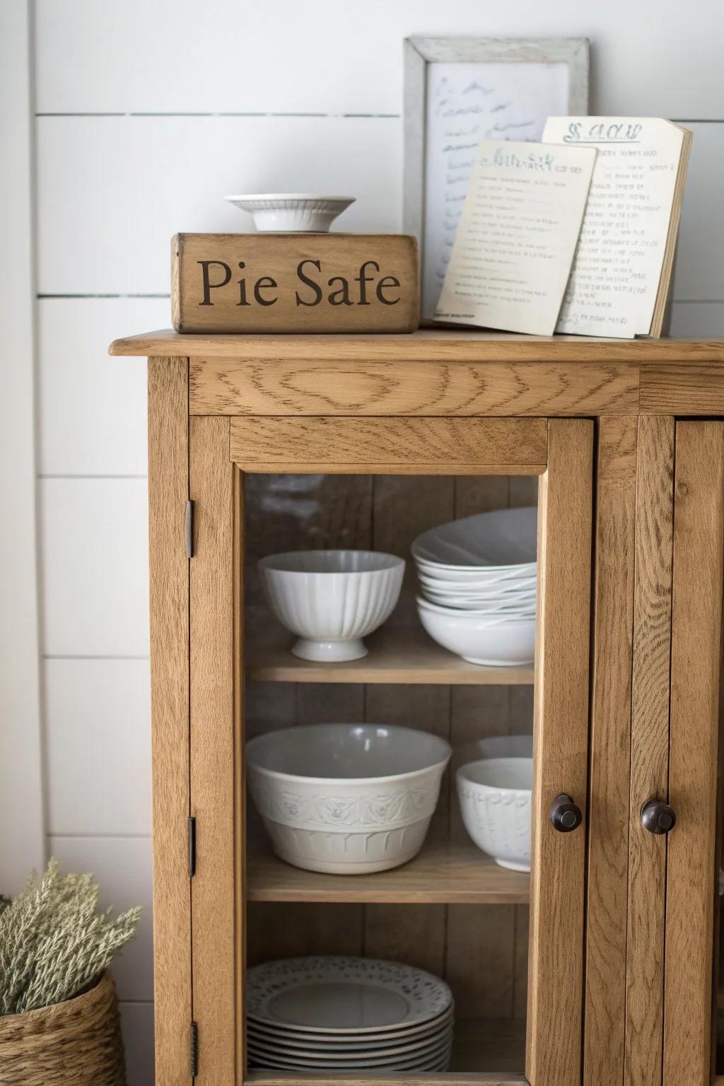 Turn your pie safe into a warm baking vignette with bowls, a sifter, and heirloom recipes.