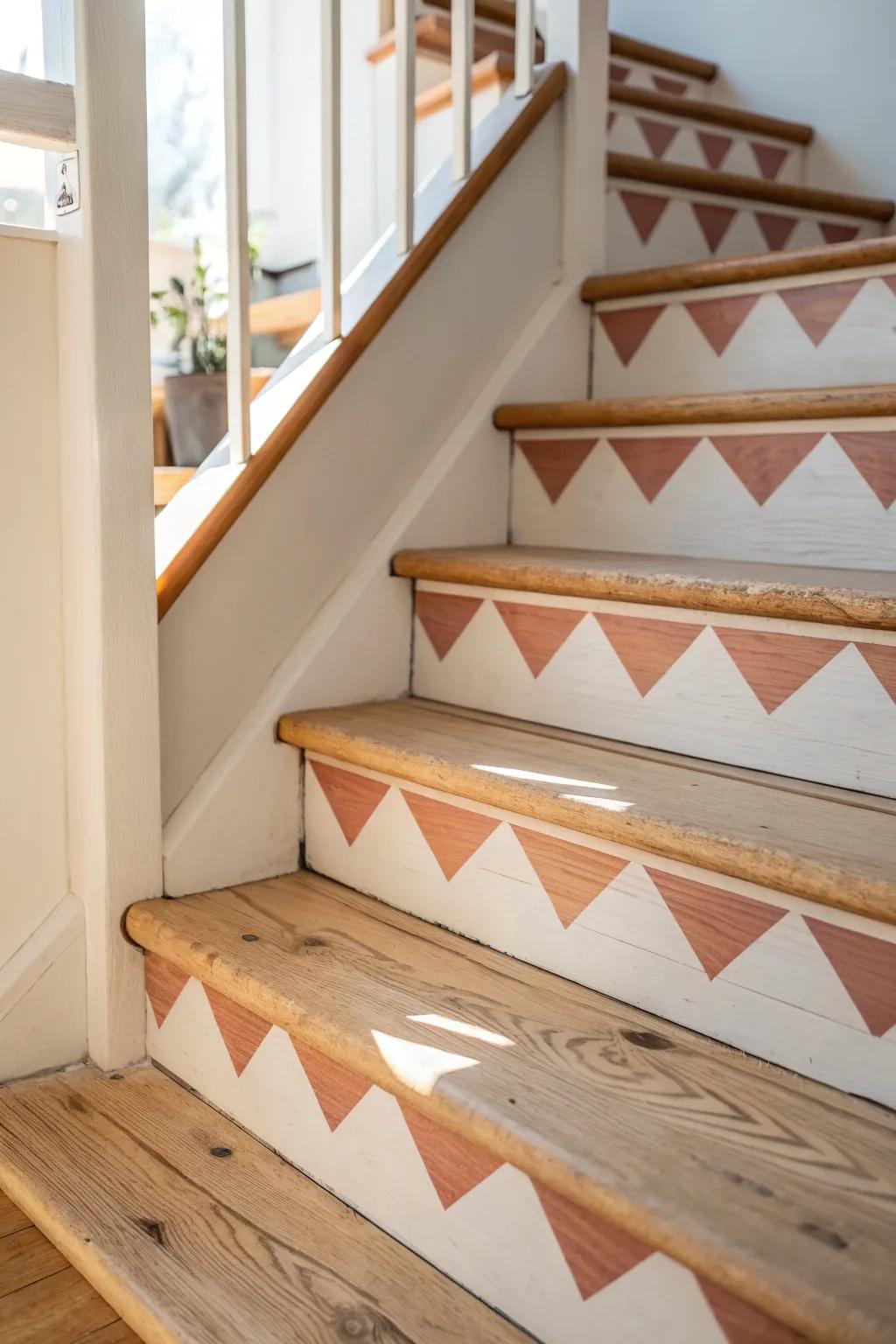 Natural pine treads with two-tone geometric painted risers—minimal, playful, and chic.