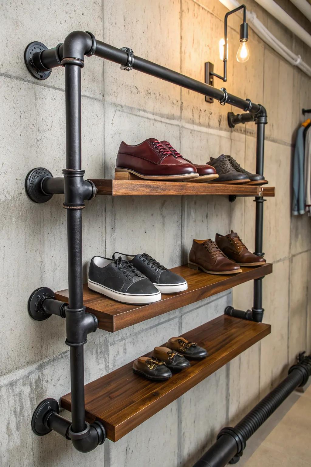 Elevate your shoe game with a bespoke pipe shelf that combines rugged craftsmanship with refined style.