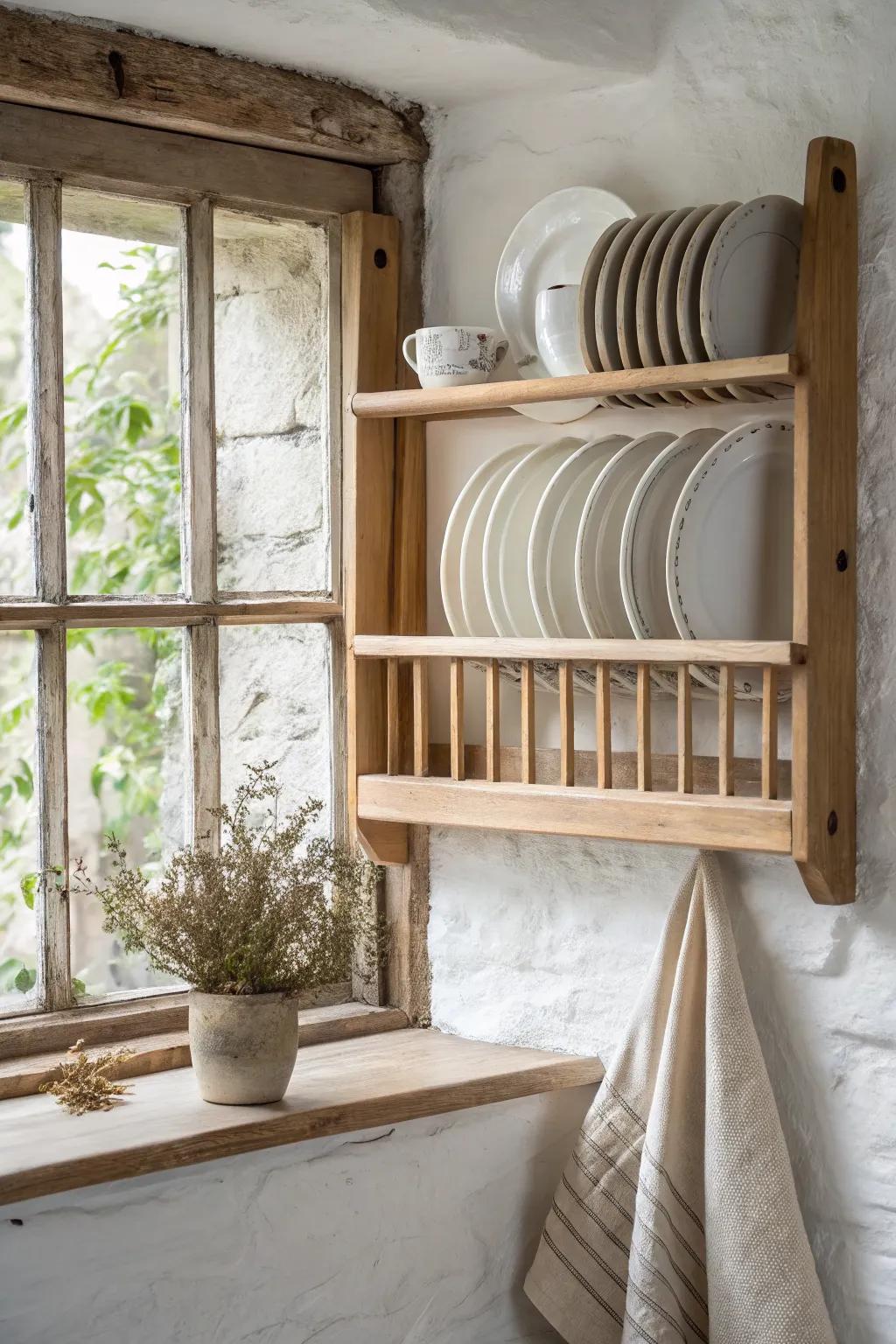 Cottage charm meets minimal style: a plate rack layered over an old window frame.
