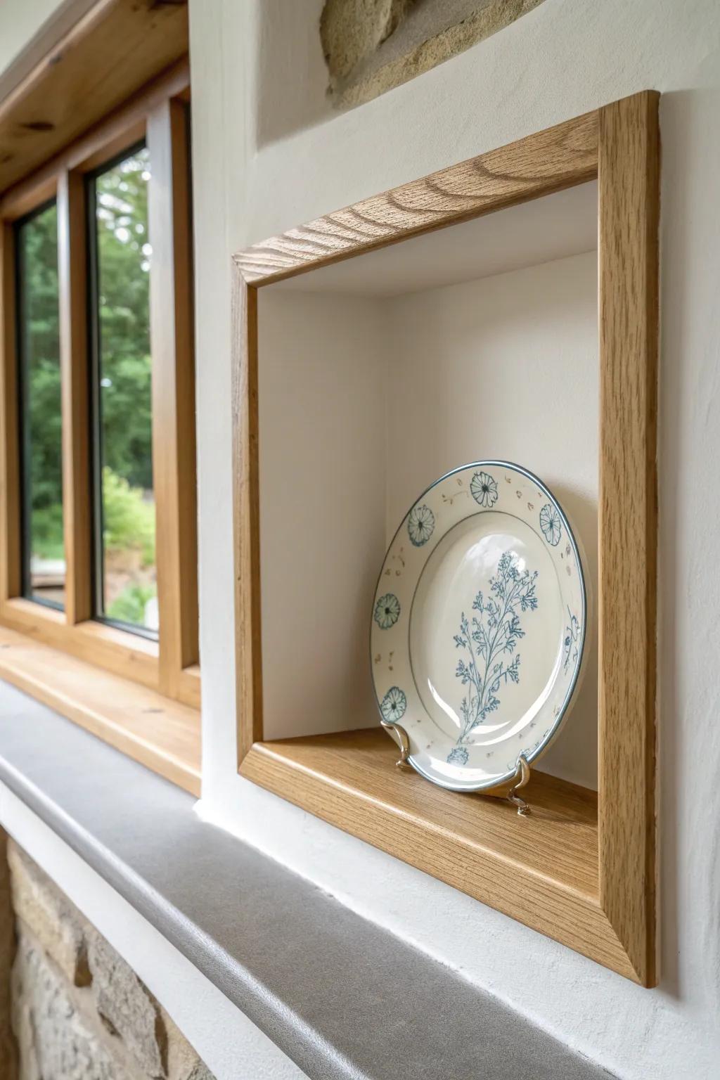A built-in plate rail niche turns an awkward bump-out into a beautiful heirloom display.