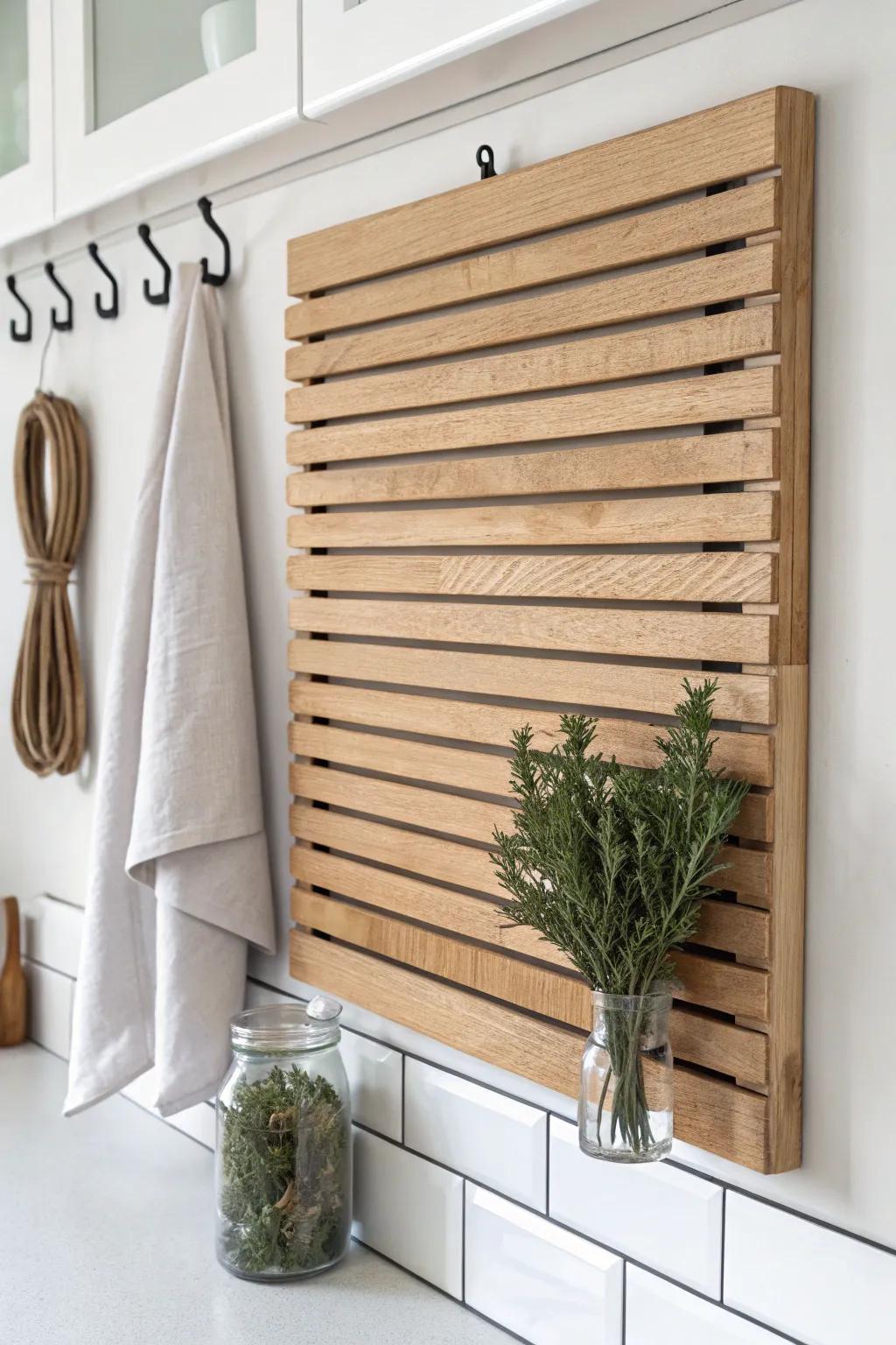 A plywood slat wall turns herbs and tools into a clean, crafted kitchen feature.