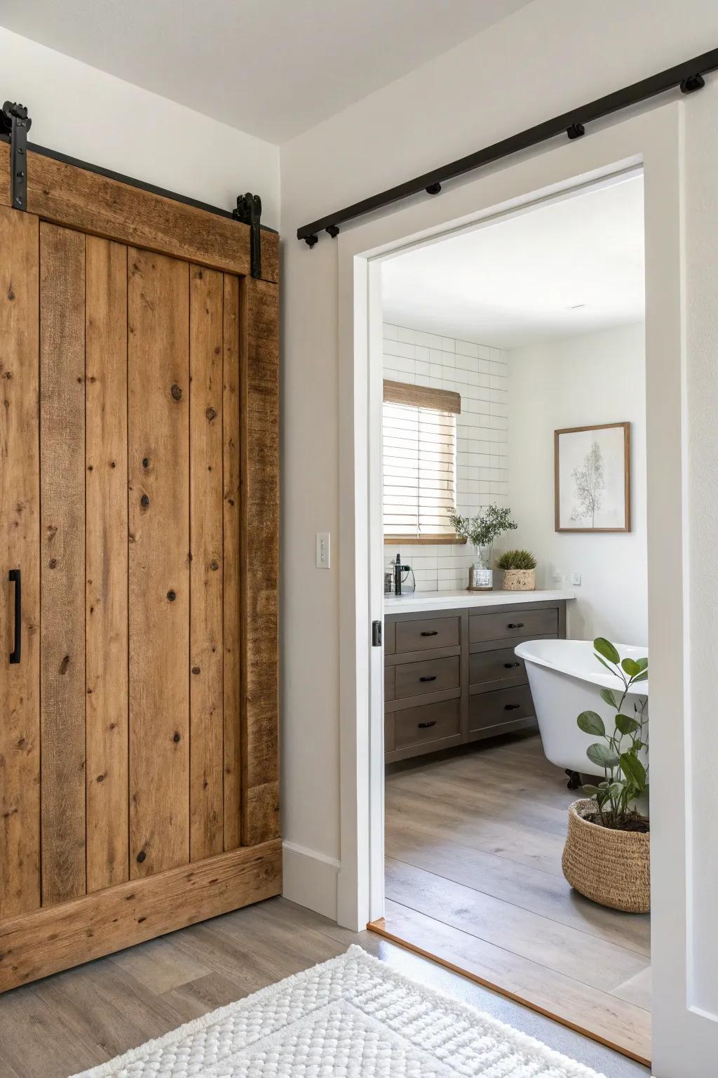 Reclaimed plank pocket door with knots and saw marks—instant rustic soul for a calm bathroom.