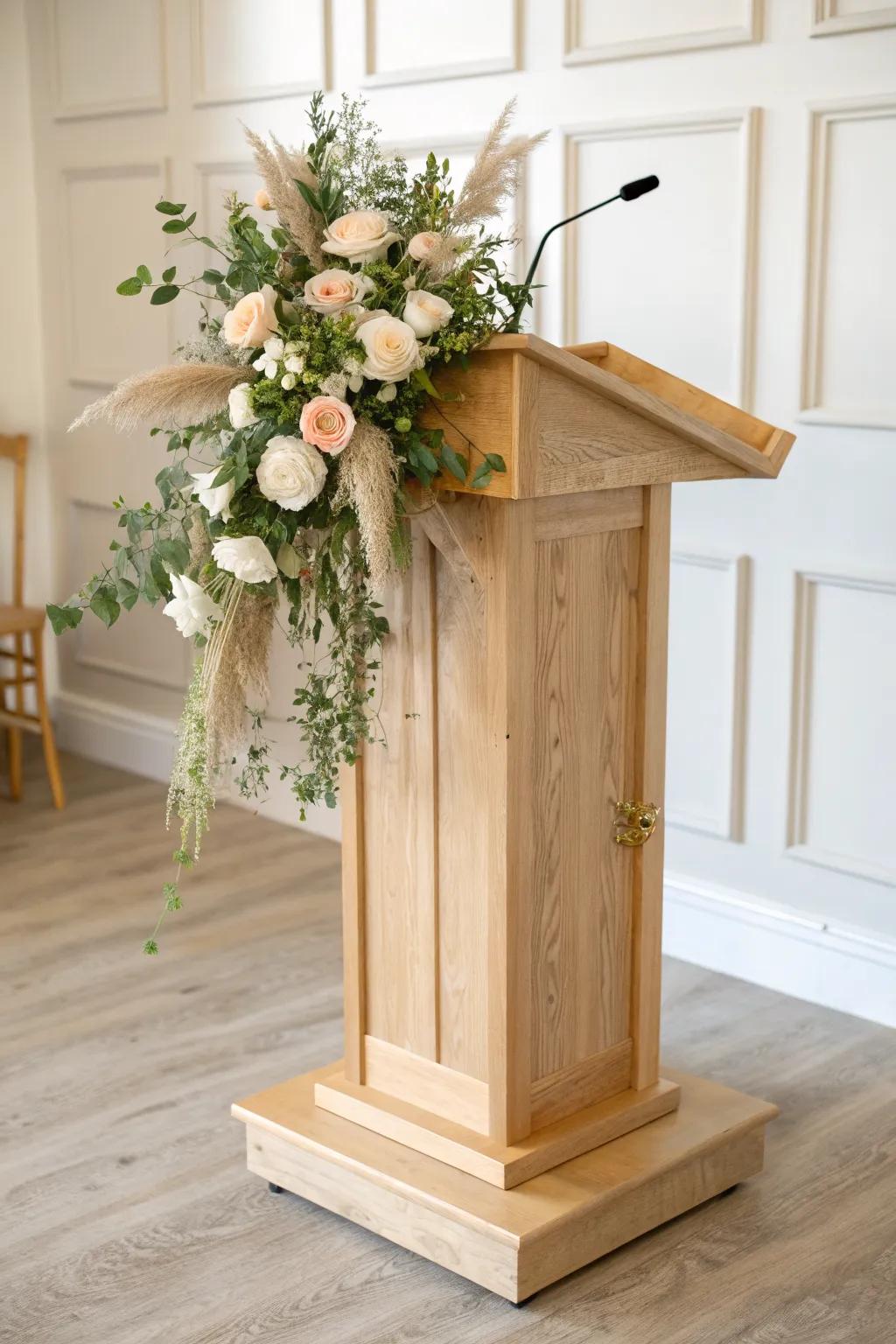 A tiny clamped floating shelf makes florals spill down the podium—simple, airy, stunning.