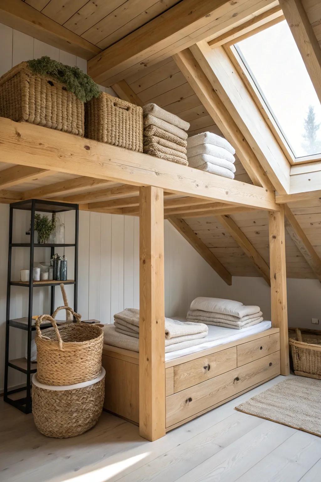 A simple oak storage loft keeps your pole barn gym open, airy, and beautifully organized.