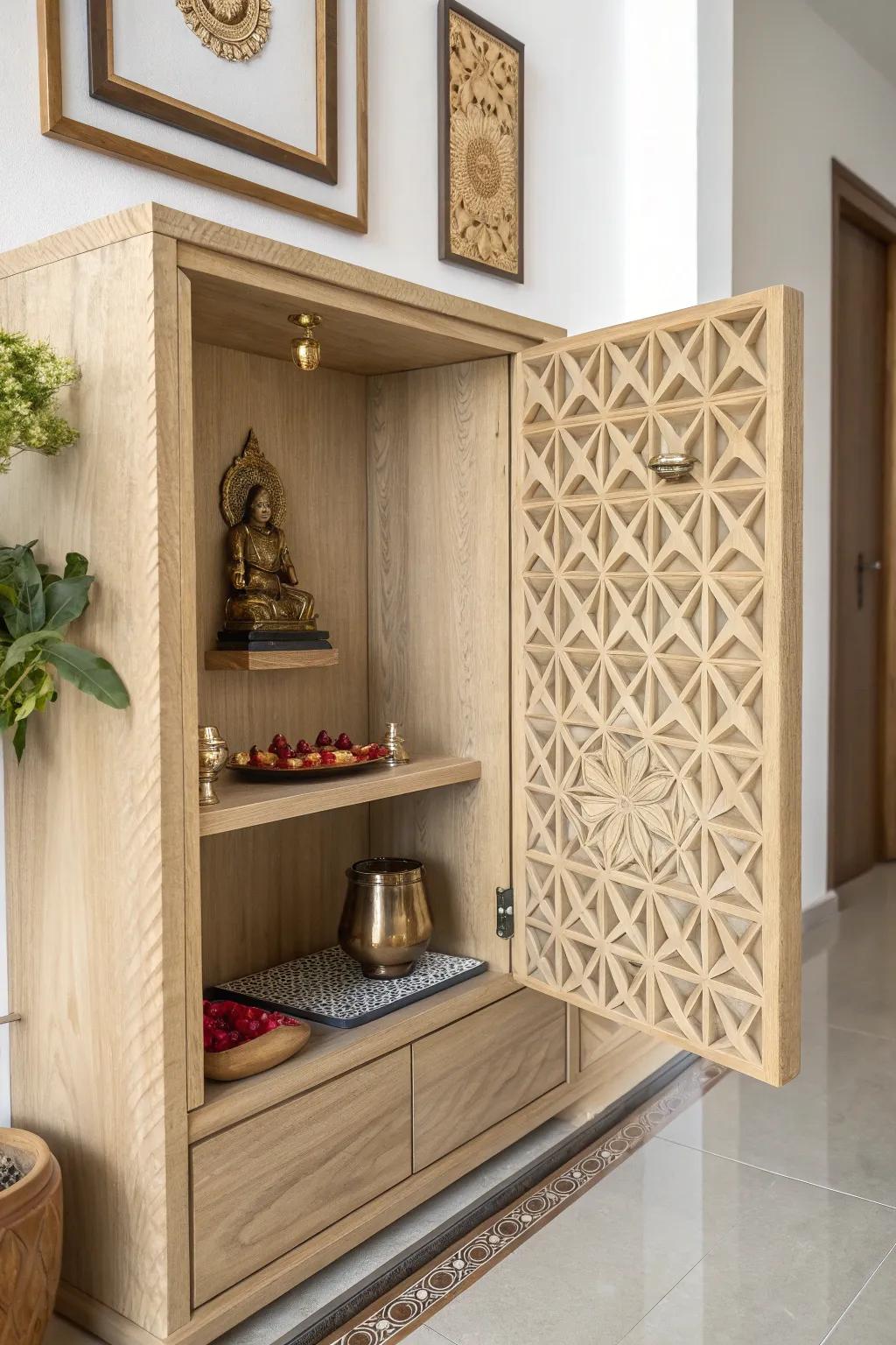 A hidden pooja mandir behind a sliding wood art panel—quiet, minimal, and beautifully crafted.