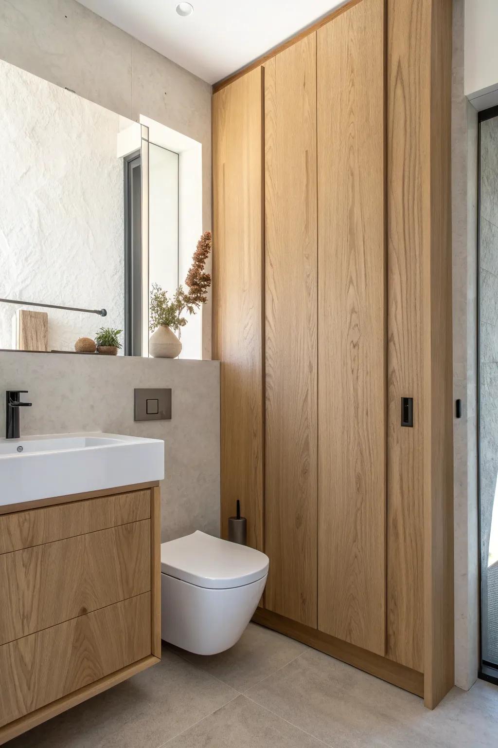 A slim false-wall slot hides paper goods and cleaning tools—storage from just a few inches.