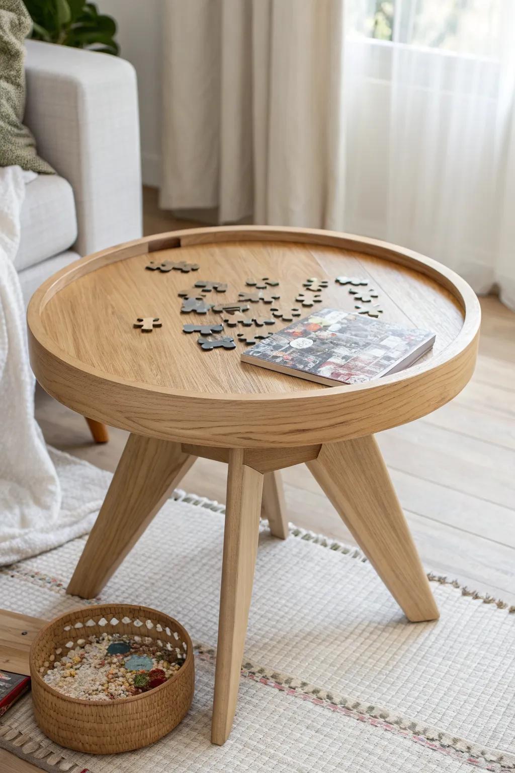 Rotating wooden puzzle table with a raised rim—spin to reach every spot, pieces stay put.