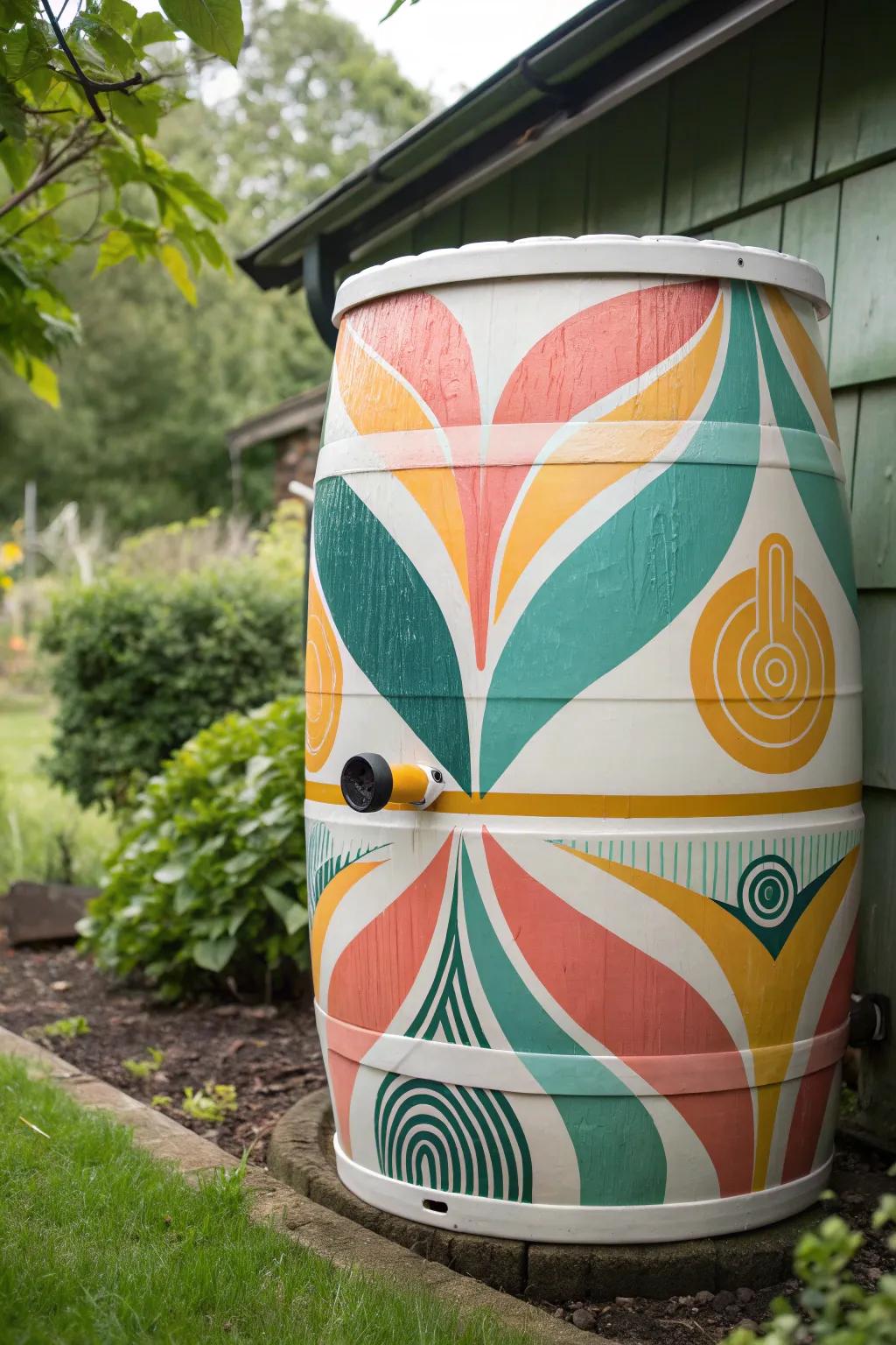 Transform your garden into a retro haven with this vibrant rain barrel art, capturing the perfect blend of bold patterns and minimalist charm.