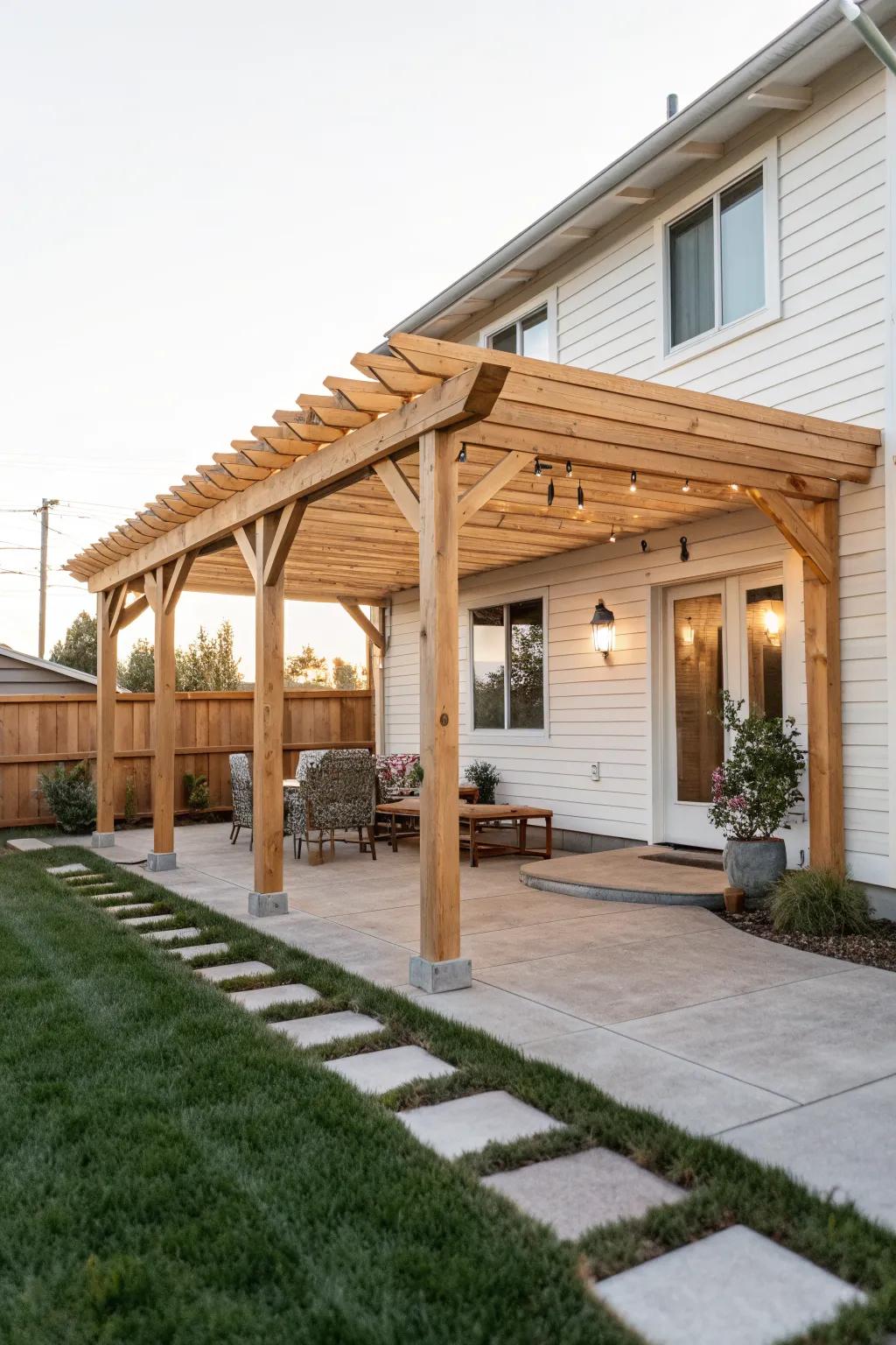 A cedar pergola with rafters matching your ranch roof pitch—simple, seamless, and airy.