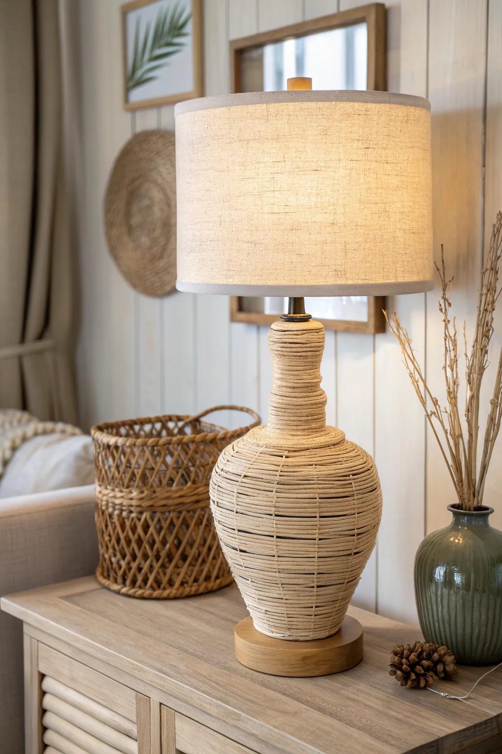 Turn a thrifted lamp into a custom piece with rattan wrap for warm, woven texture.