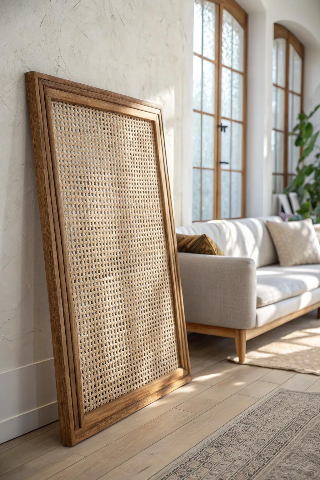 DIY rattan feature wall panel—woven texture + reclaimed wood frame for instant wow.