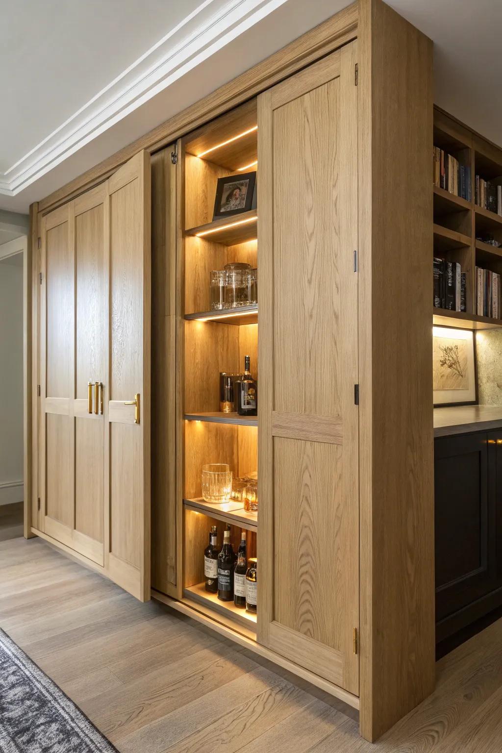 A bookcase door that swings open to a warm hidden speakeasy bar—minimal, handmade wow.