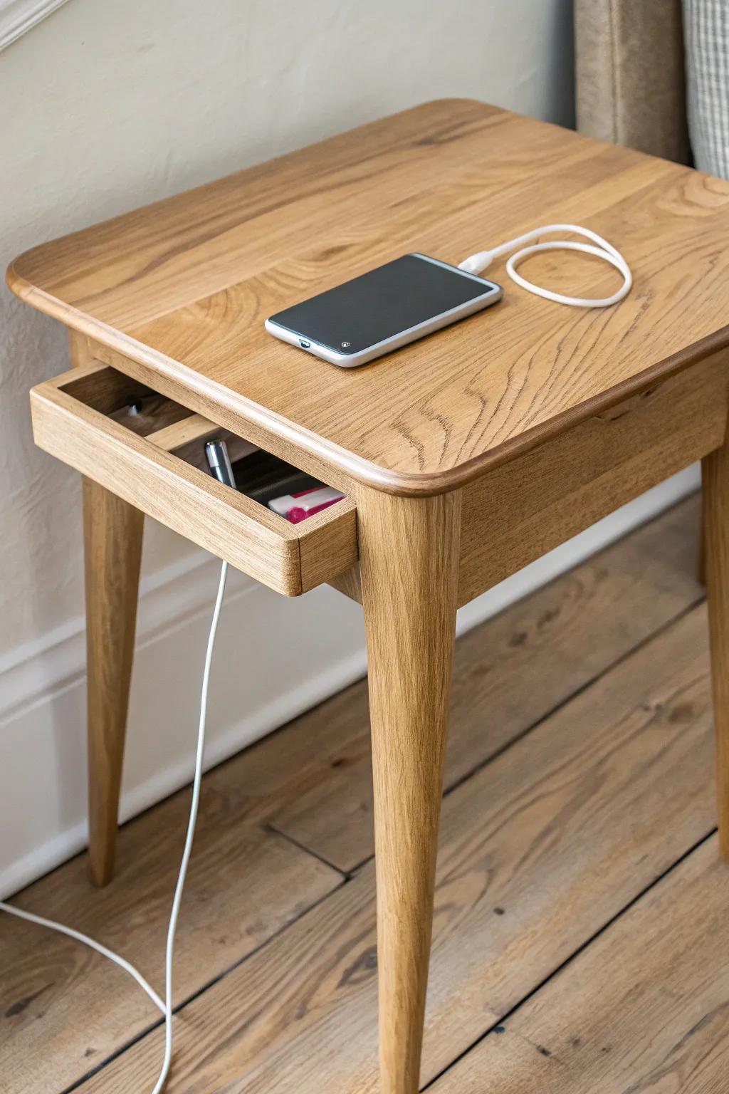 A sleek oak charging table with a hidden cable channel—reception-ready and clutter-free.