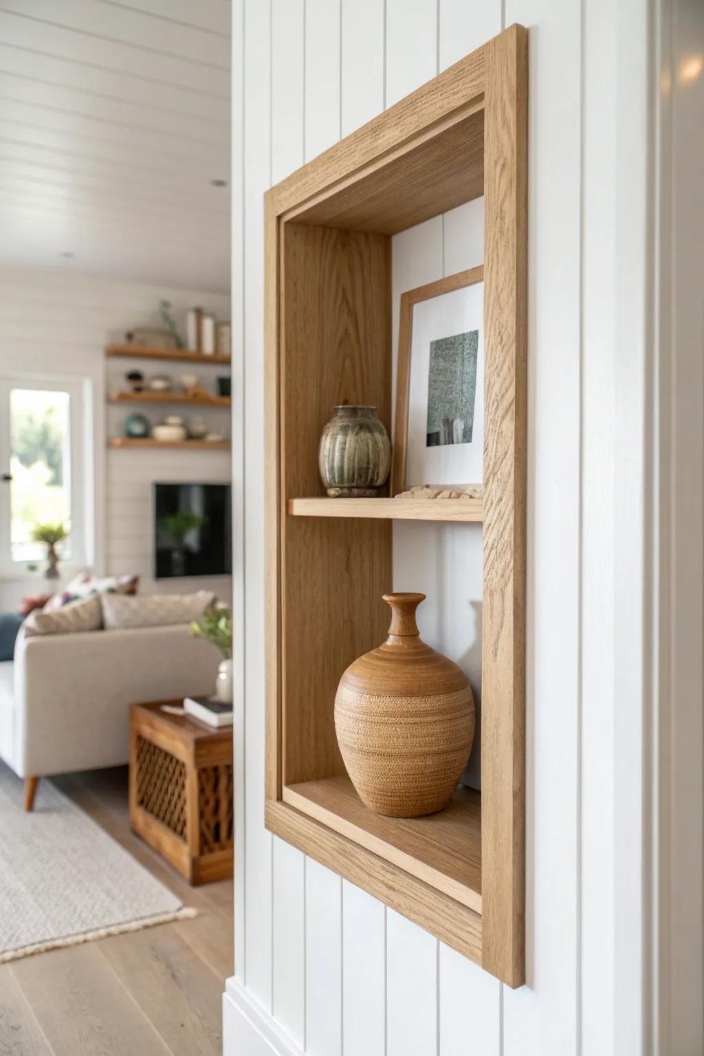 A hidden recessed shelf behind a pivoting oak panel—clean lines, big wow factor.