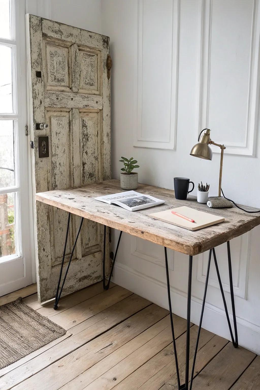 Turn an old door into a stunning reclaimed wood desk—patina, character, and modern simplicity.
