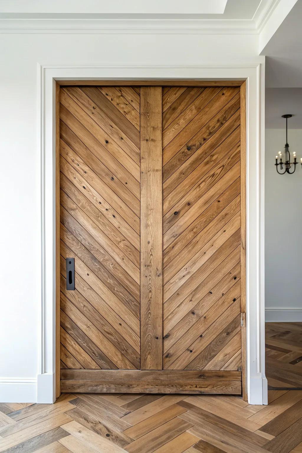 Reclaimed wood wall with a hidden door—planks aligned so perfectly it vanishes in plain sight.