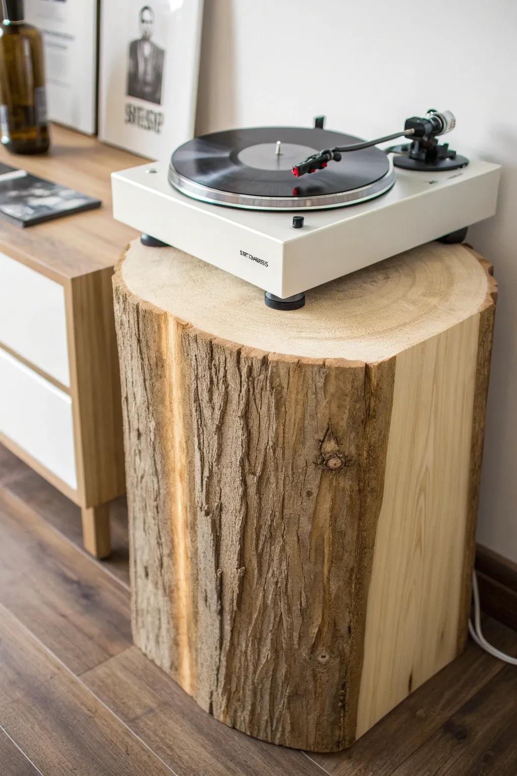 Raw tree stump meets clean oak joinery—an artful pedestal stand with built-in vinyl storage.