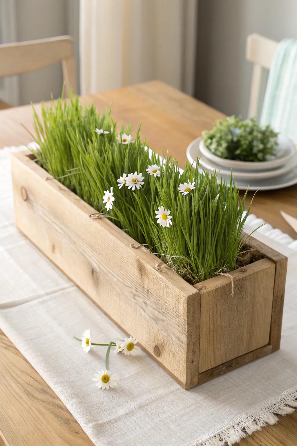 Living wheatgrass trough centerpiece with fresh flower snips—lush, simple, and handmade.