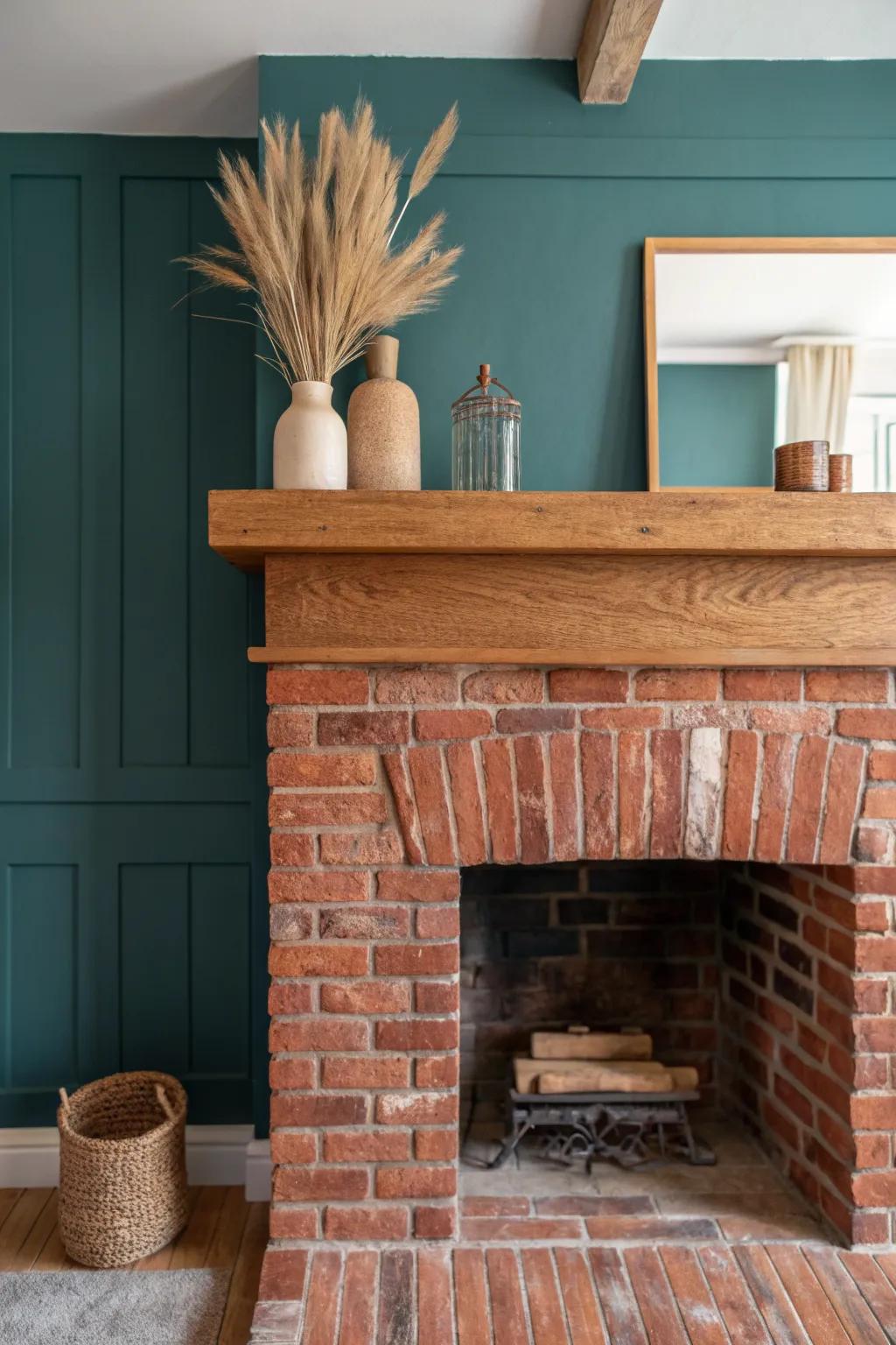 Natural red brick pops against a deep blue-green surround for cozy, high-end drama.