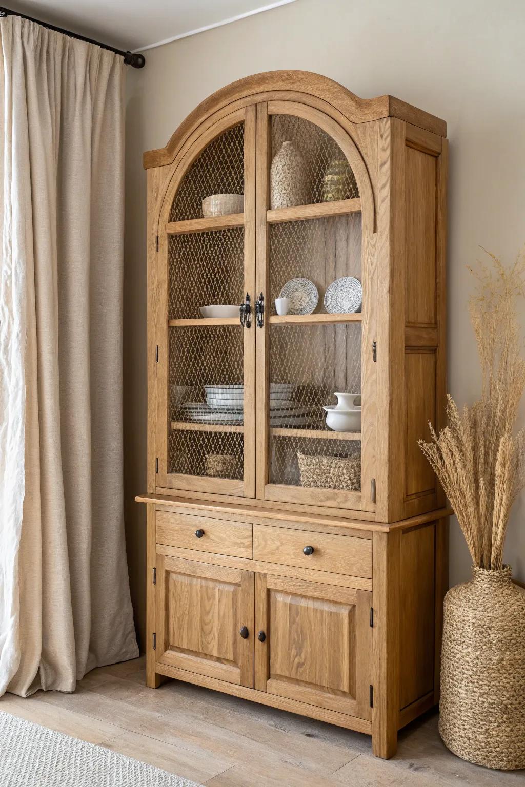 Swap cabinet panels for cane webbing—soft, airy texture that hides mismatched dishes.