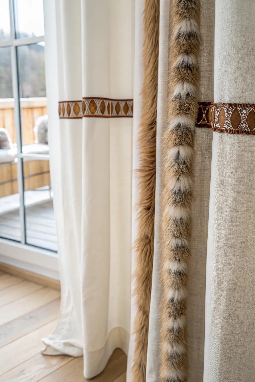 Elevate your space with fur-accented curtains for a touch of bohemian elegance.