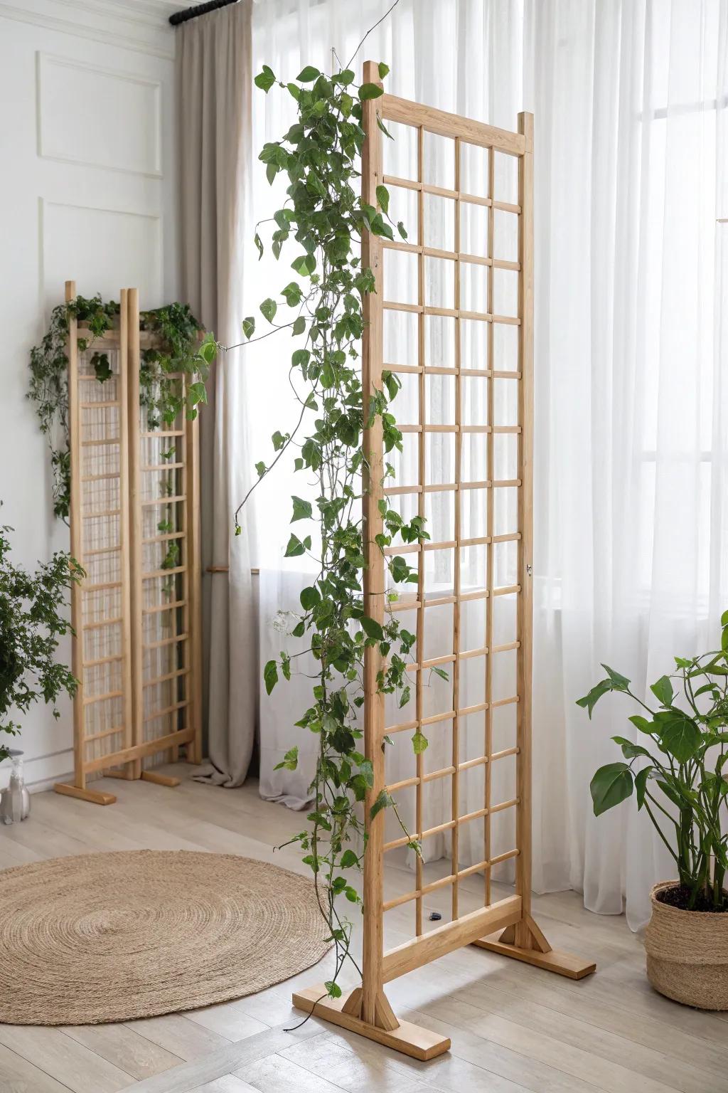 A wooden trellis divider that zones your studio—while climbing plants turn it into a mini garden.