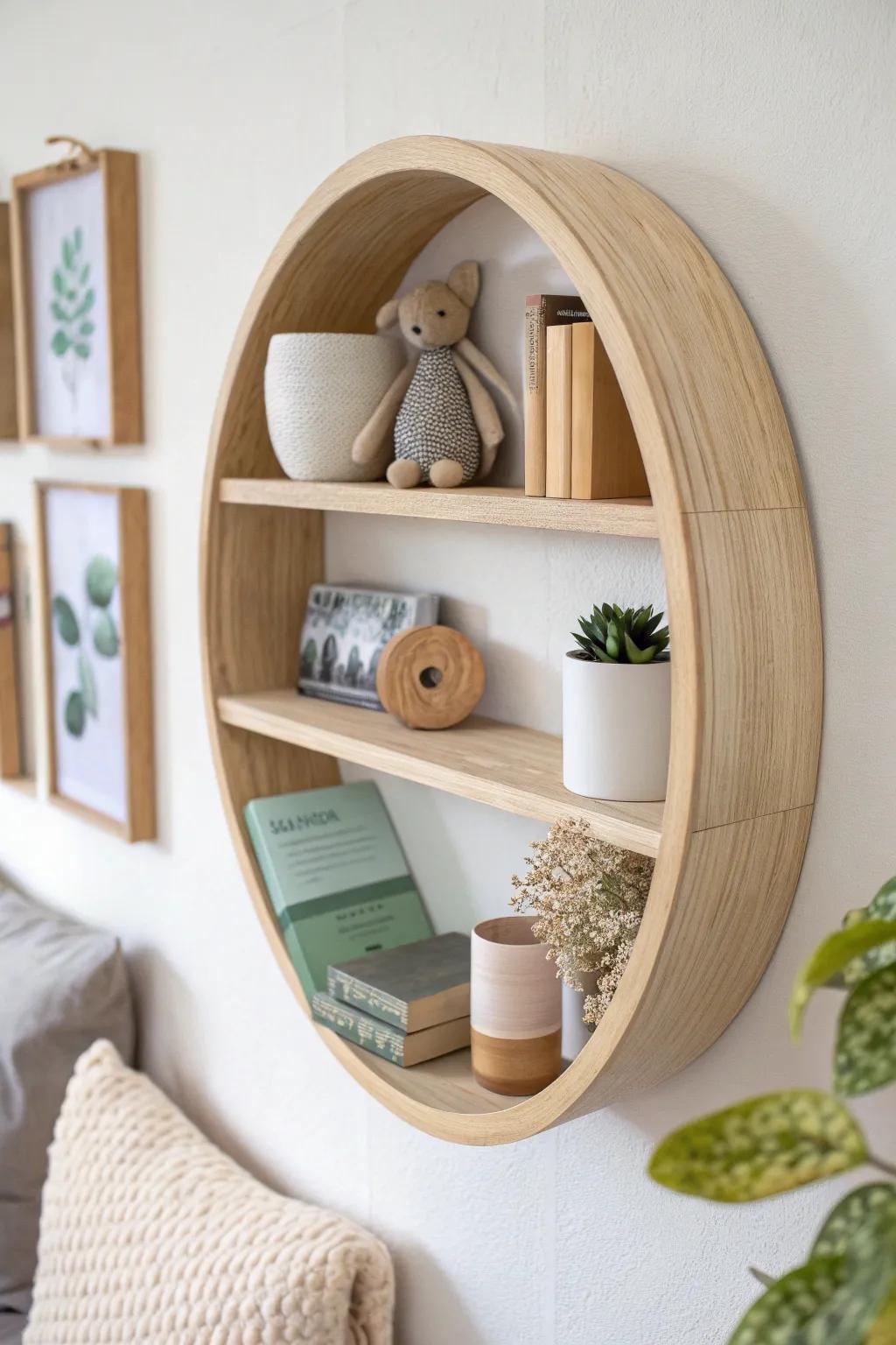 Circular built-in shelf behind a round crib: pale wall, warm wood, and sweet keepsakes.