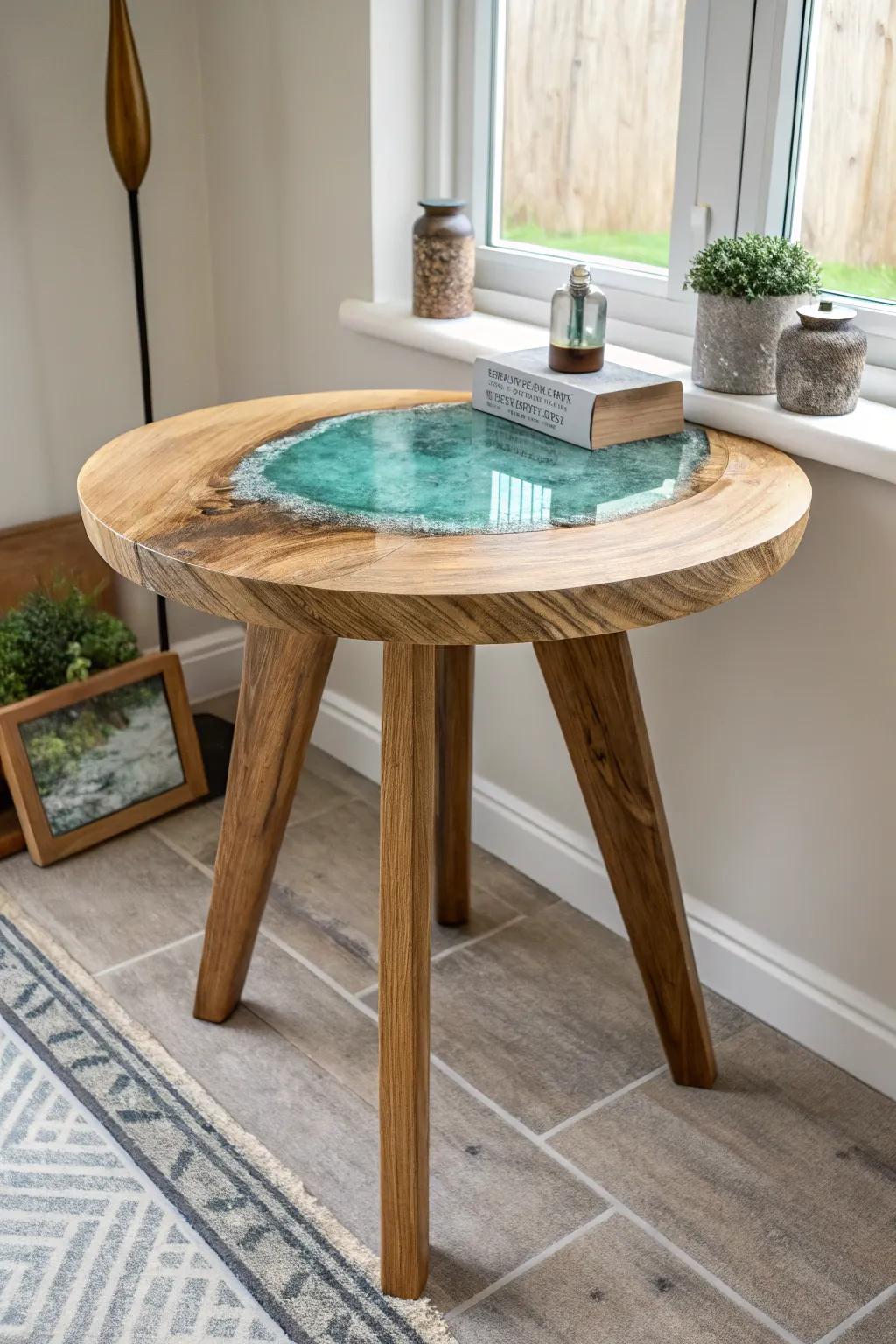 A round foyer table with a luminous resin river inlay—minimal, crafted, and instantly captivating.