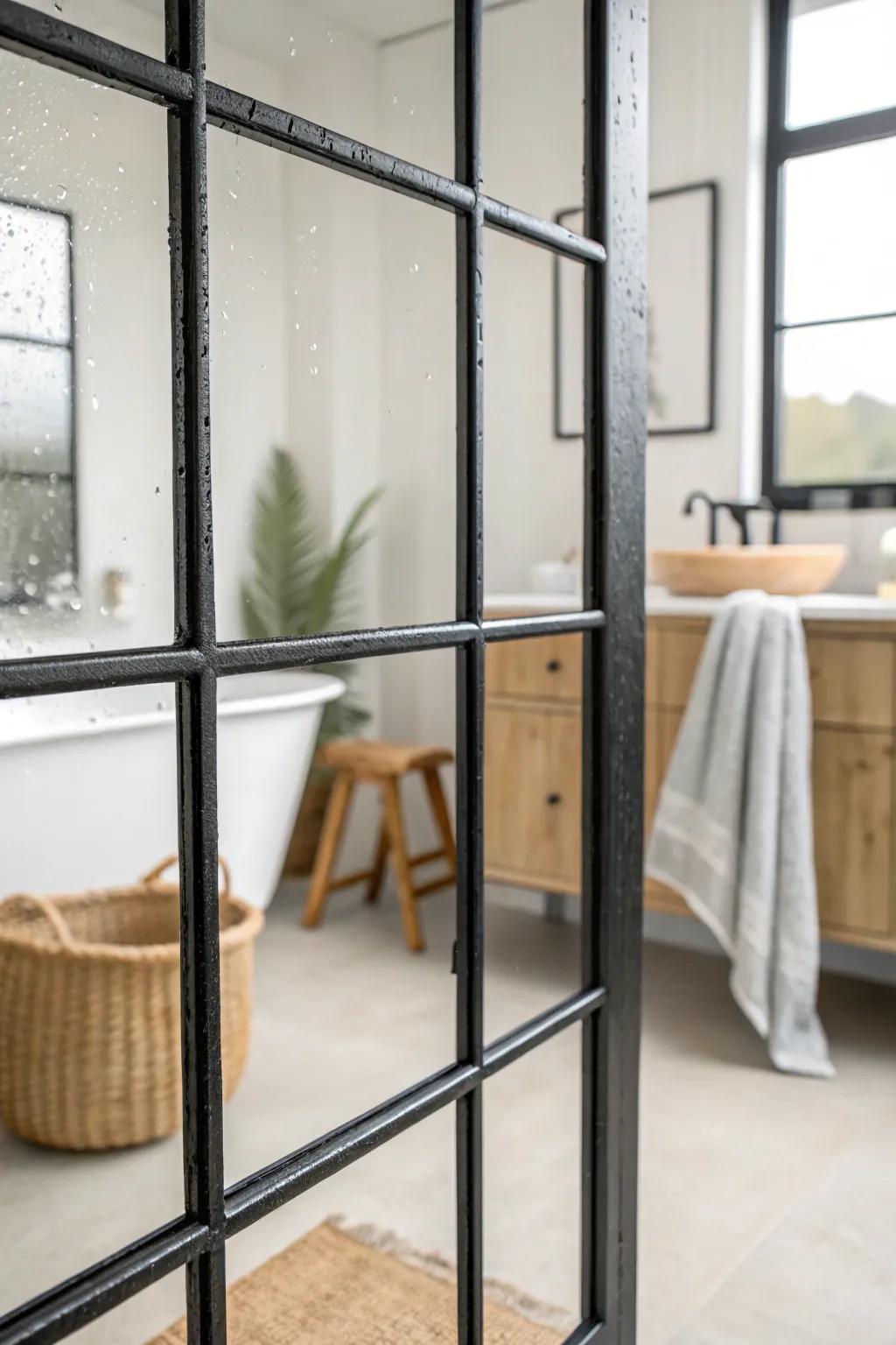 A black window-grid shower screen adds rustic-industrial charm against warm wood accents.