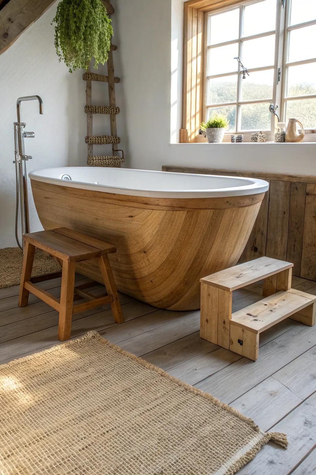 A raised wood platform and simple step stool turn a rustic tub into a spa-like statement.