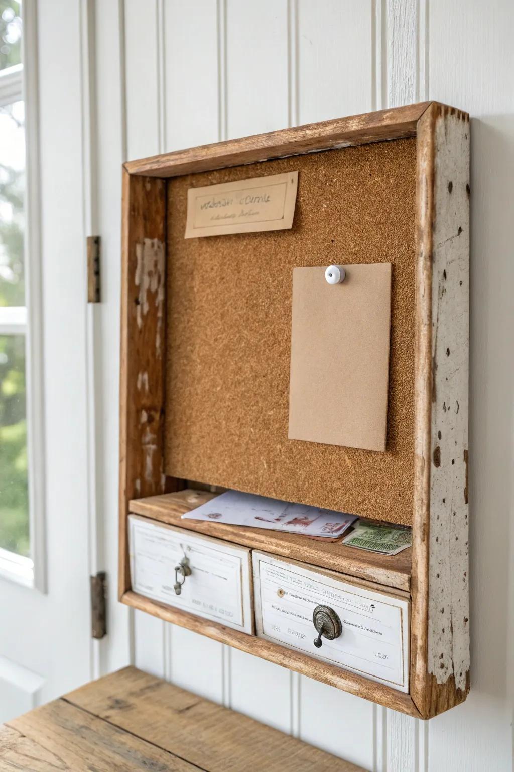 Turn a vintage drawer front into a charming bulletin board—rustic character with clean lines.