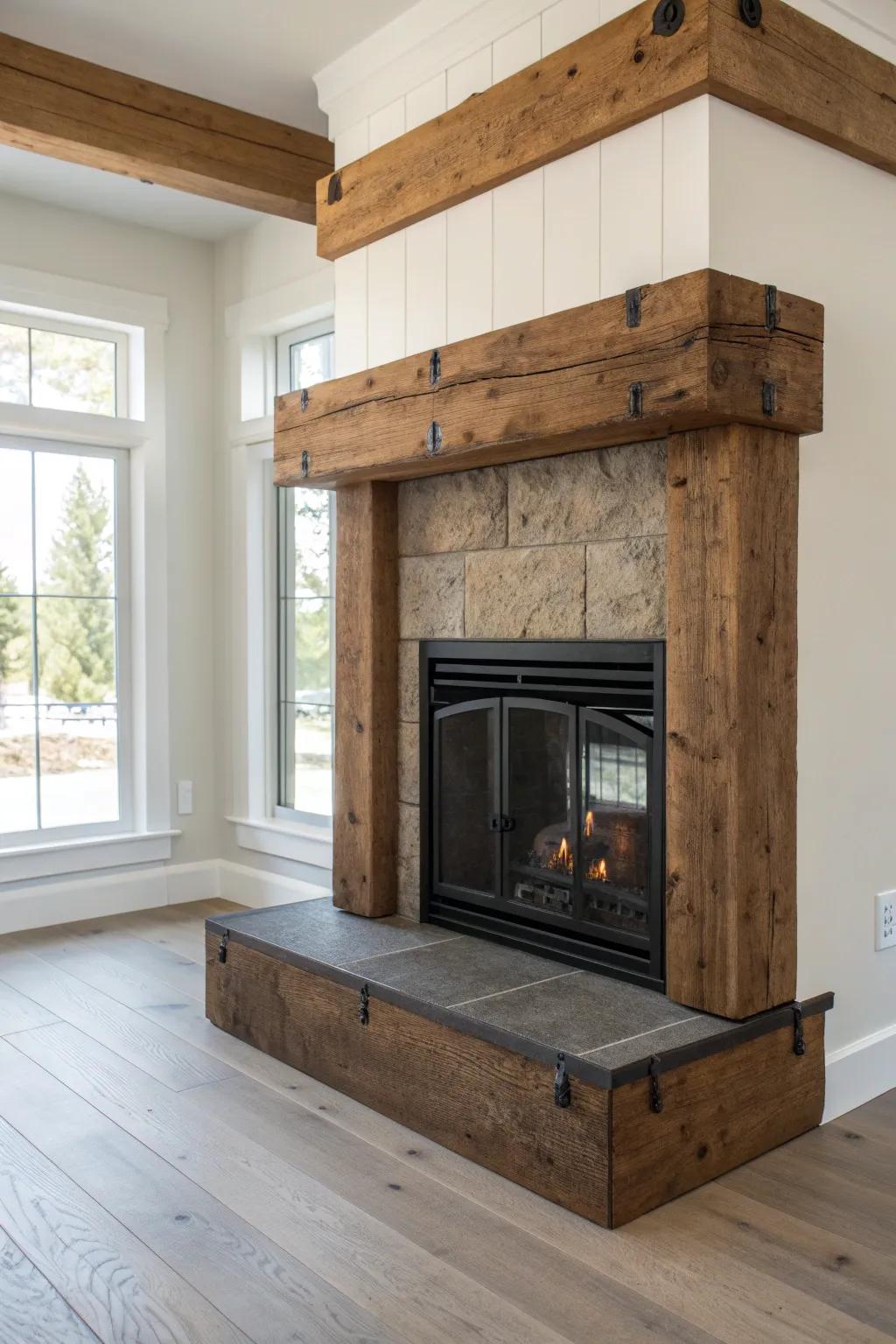 Chunky wood corner fireplace wrapped in black metal straps for rugged, minimalist charm.