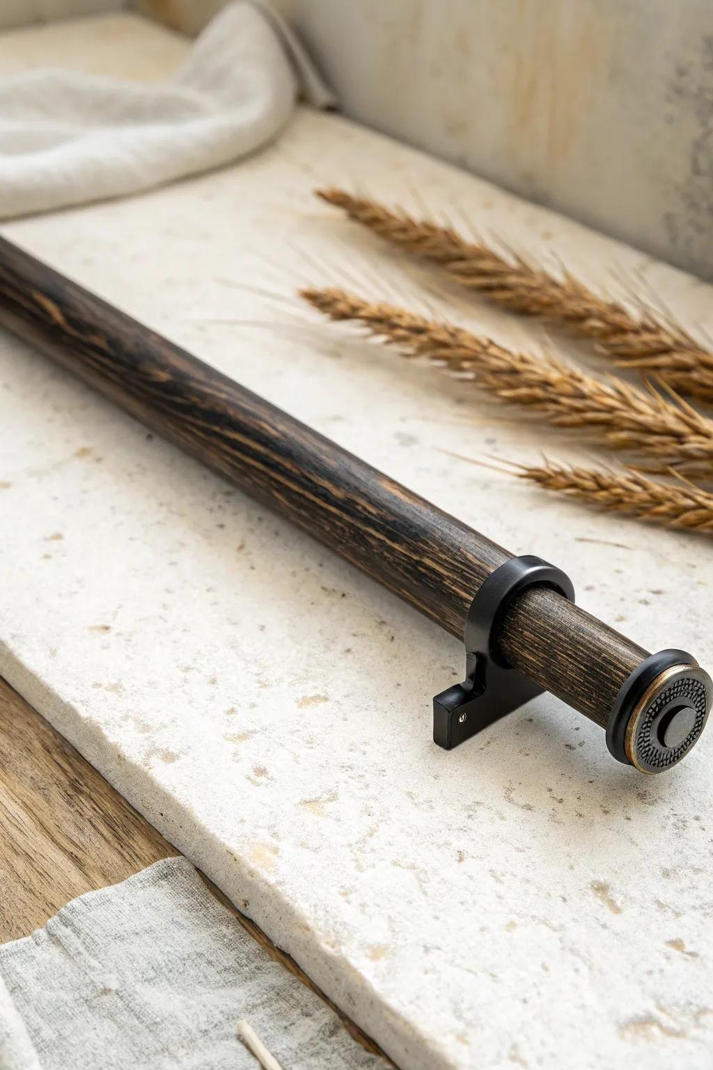 Charred wood curtain rod with smoky grain—bold rustic texture with a modern matte finish.